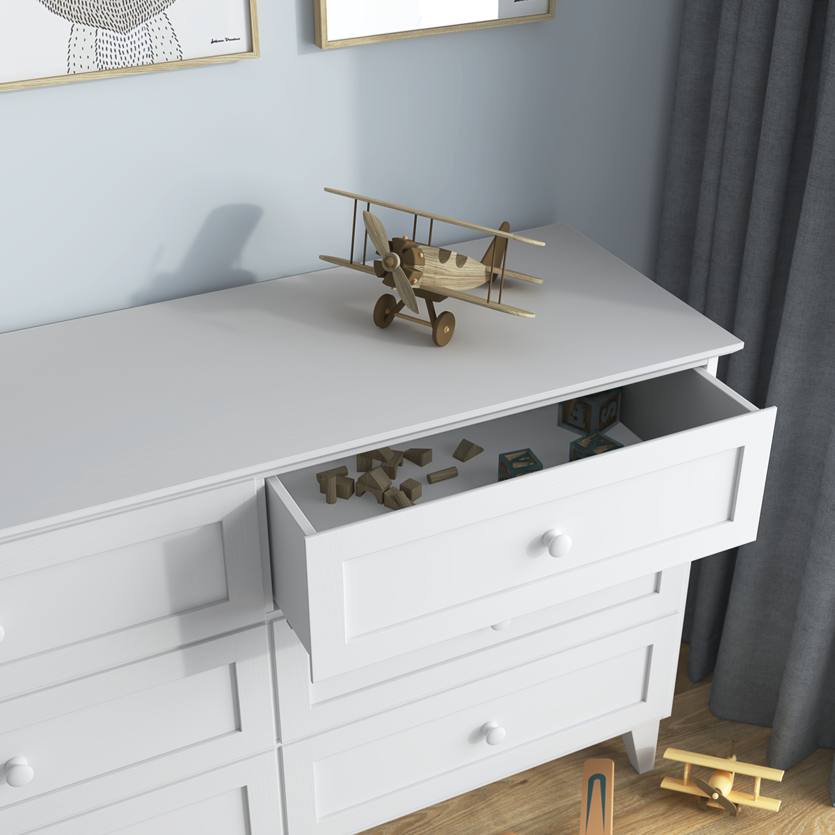 Cassettiera 6S bianco in legno – vista laterale, profondità e profiloo
