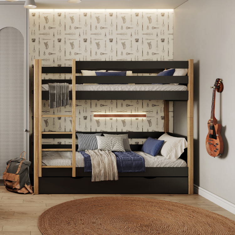 Letto a castello nero-quercia con cassetto – sponda e scala in legno, Nizio