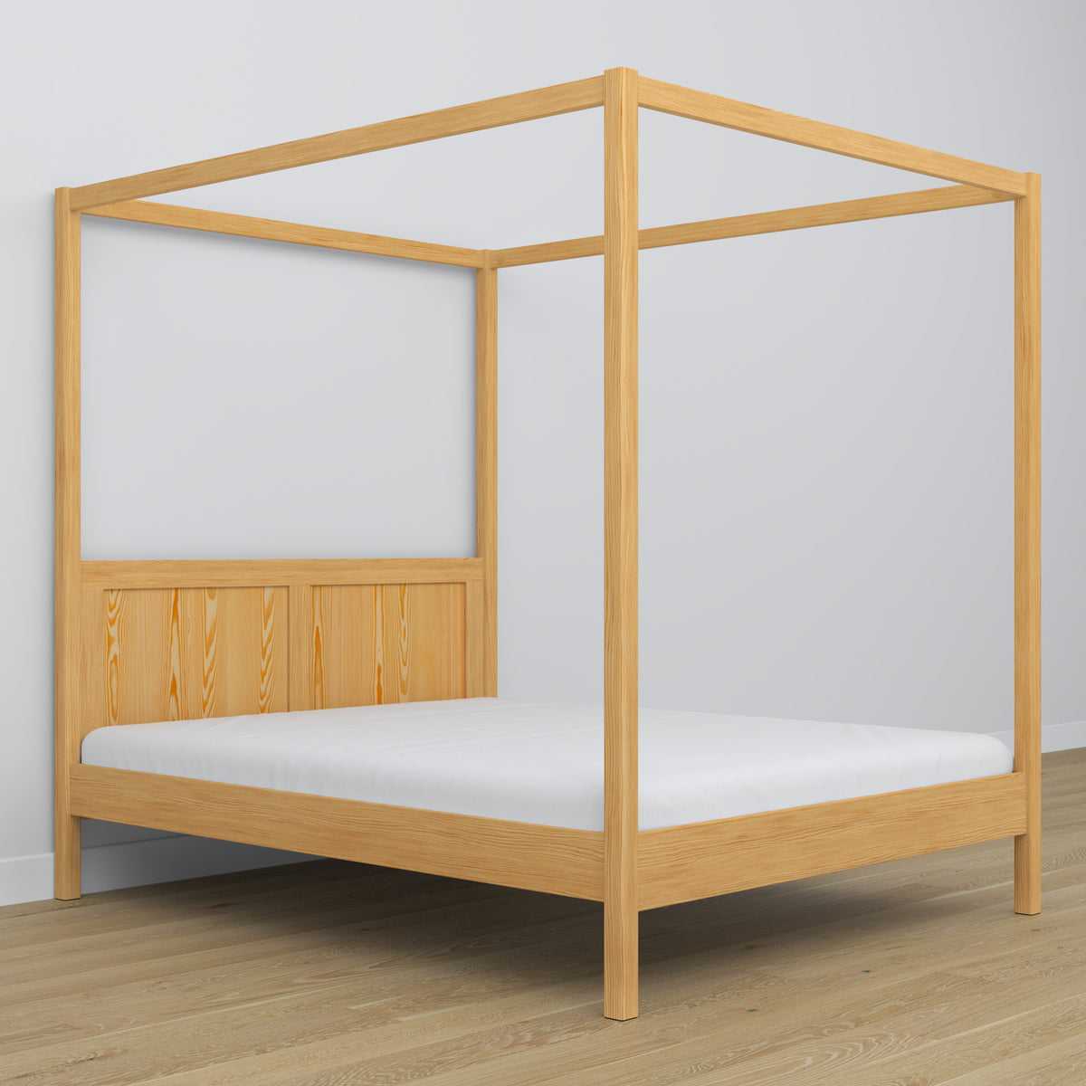 Letto matrimoniale pino naturale con baldacchino – cornice decorativa in legno, scandi