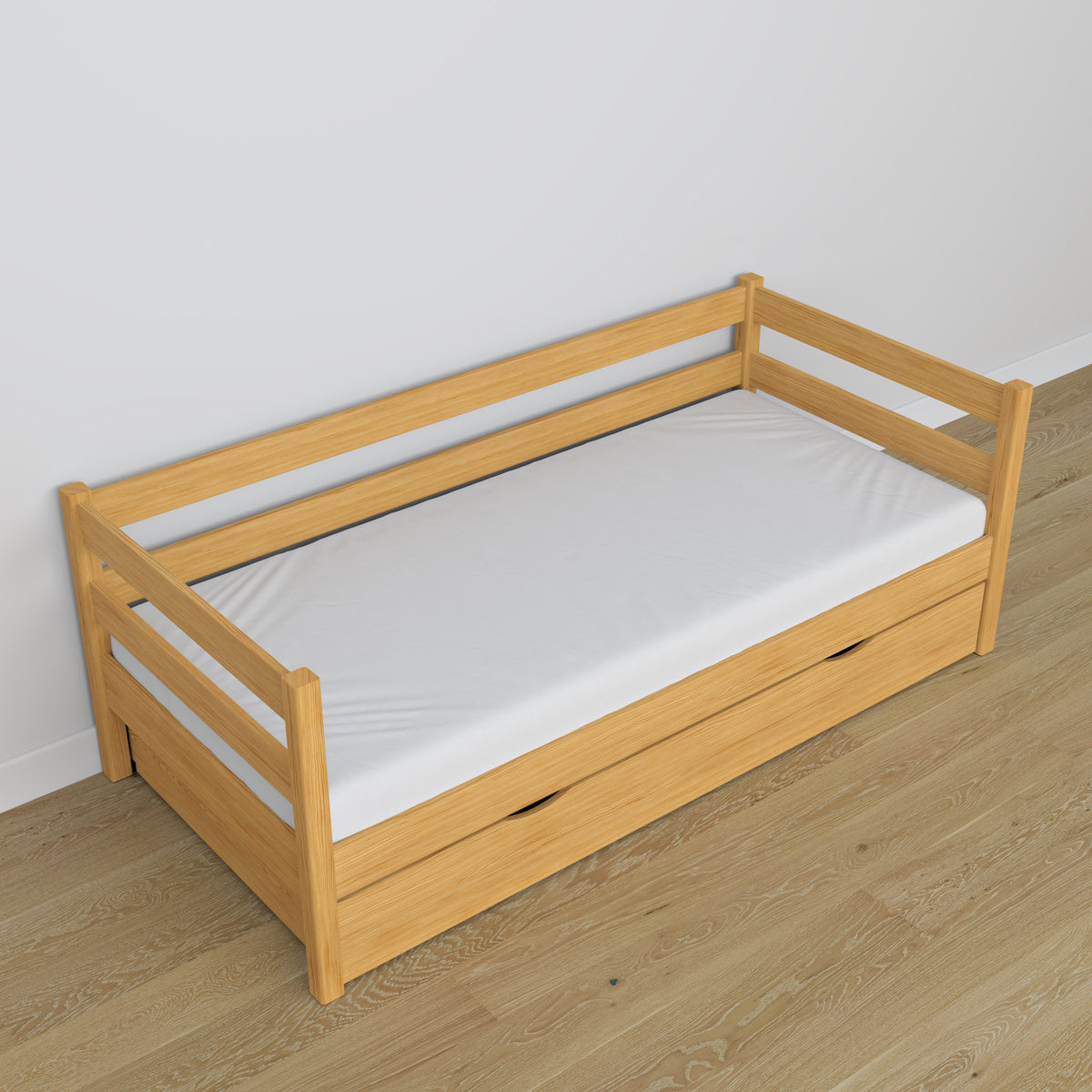 Wooden sofa bed with drawer natural pine – child’s room, scandi arrangement