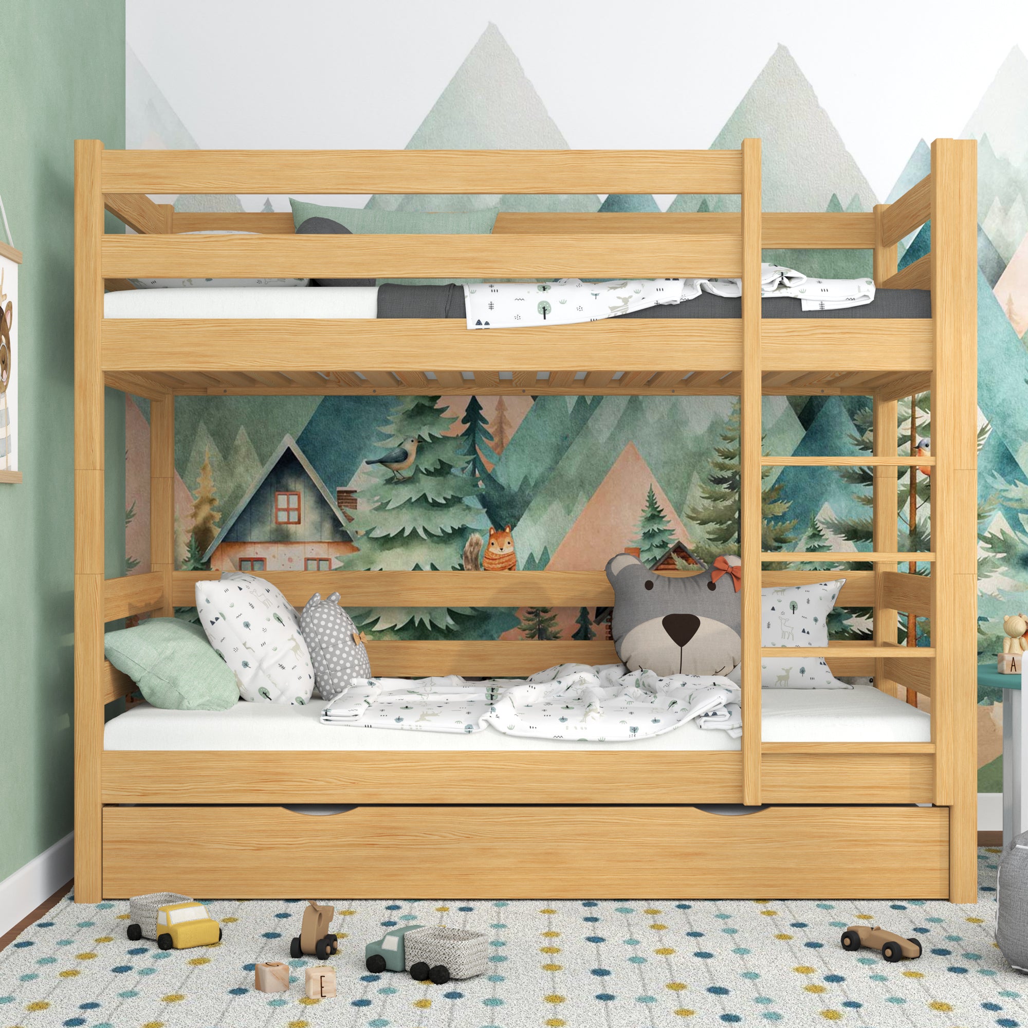 Lit superposé en bois pin naturel – échelle, barrières, tiroir na dodatkowy matelas