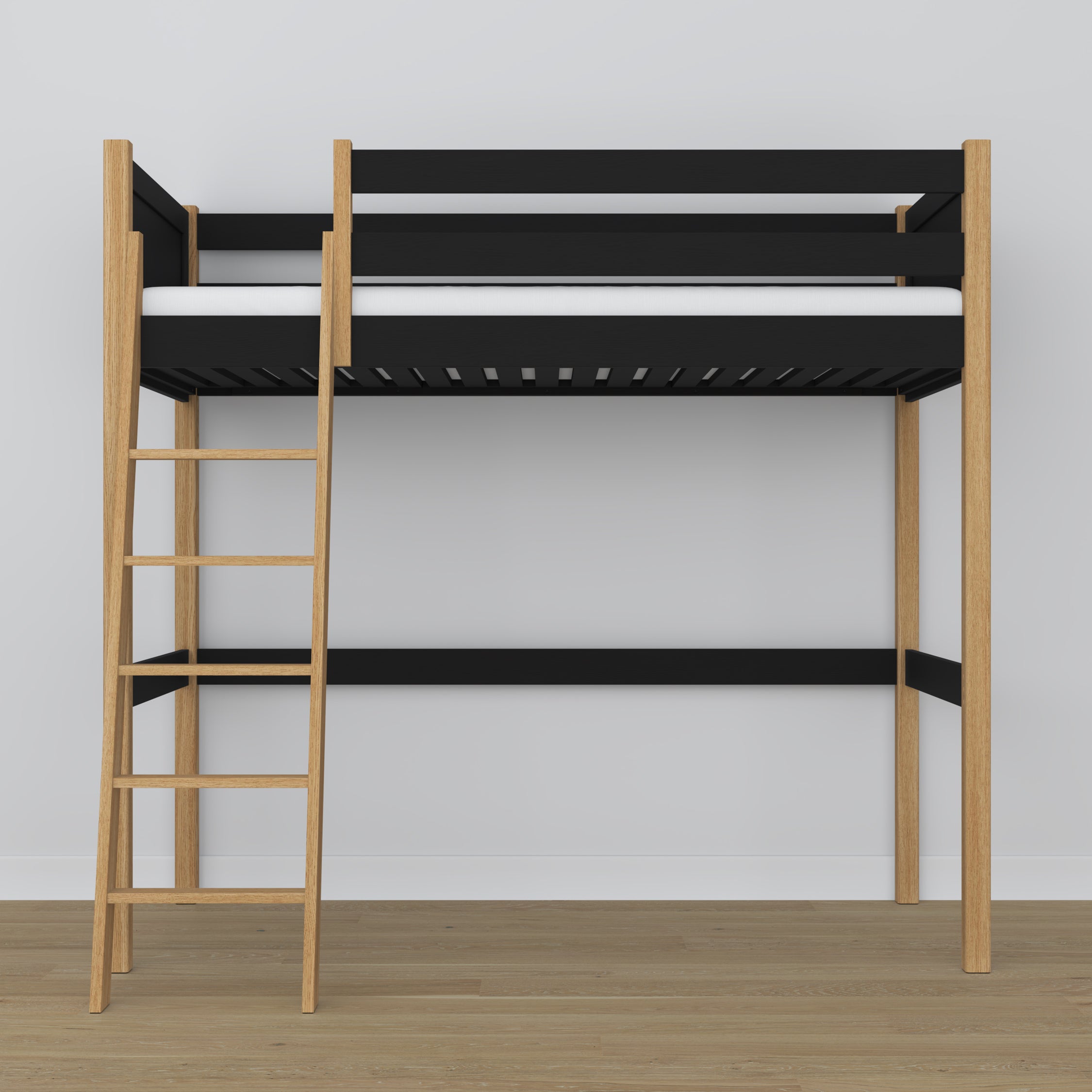 Hochbett schwarz-eiche – Leiter und Rausfallschutz aus Holz, Nizio Home