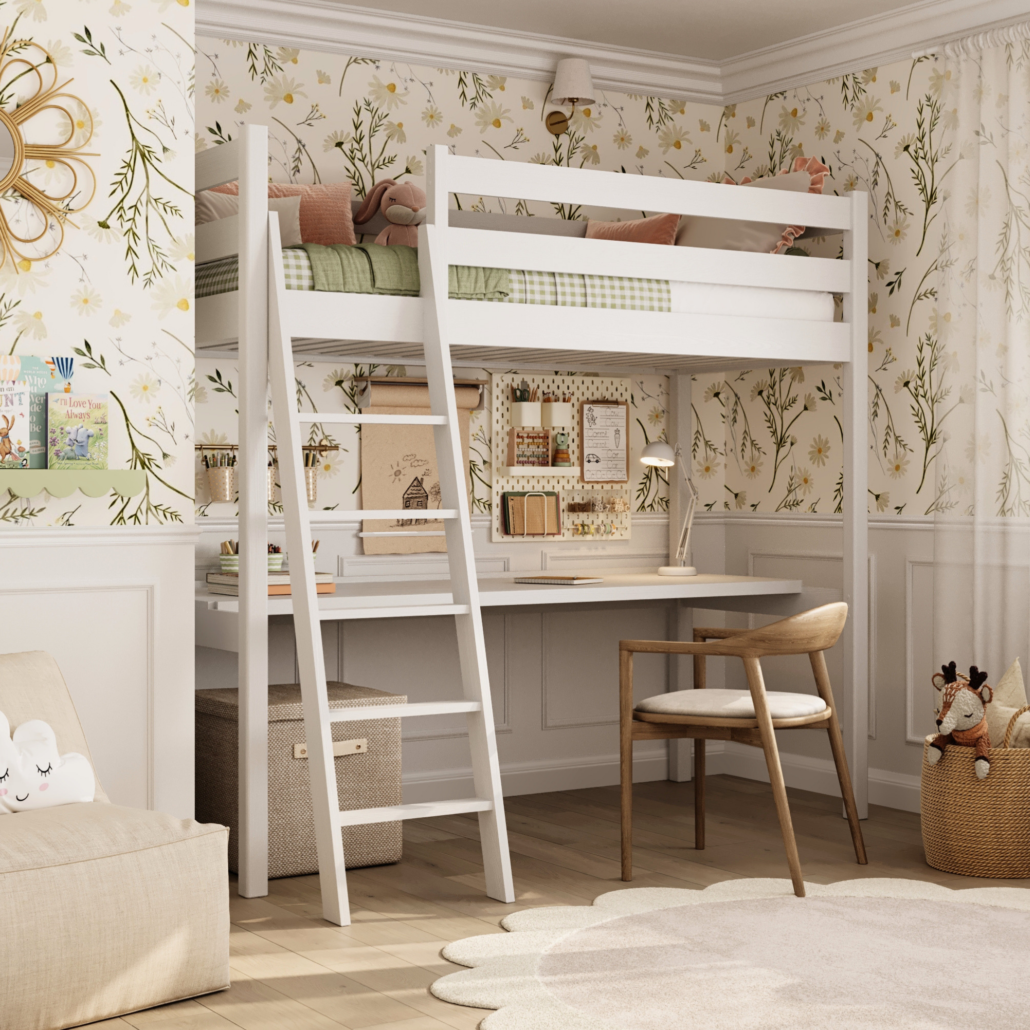 Letto a soppalco bianco con scrivania – spazio studio sotto il letto, in legno