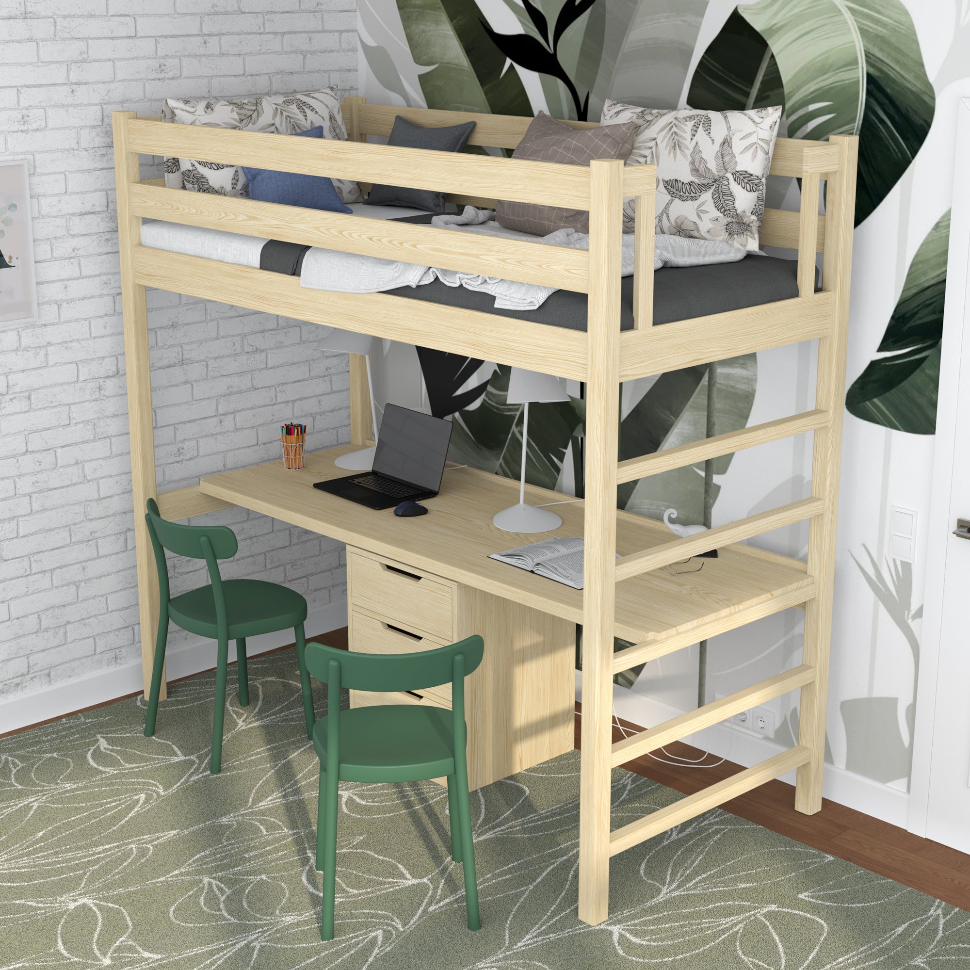 Lit mezzanine pin incolore – bureau en bois pod chambre, chambre d'enfant scandinave