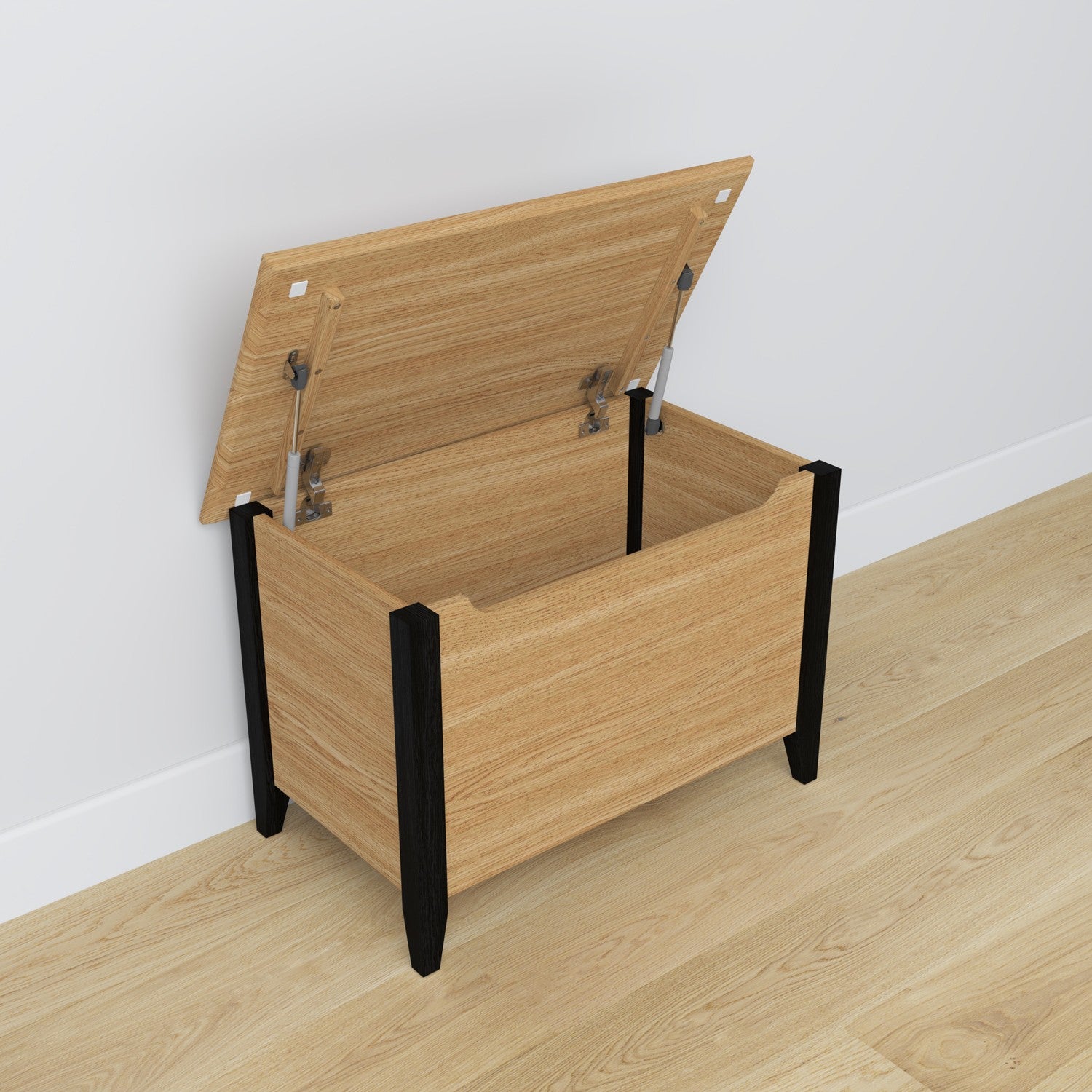 Baule in rovere naturale con nero in salotto o camera da letto – allestimento scandinava