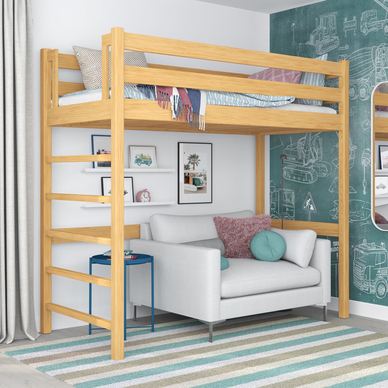 Lit mezzanine en bois pin naturel – espace libre sous la chambre, Nizio