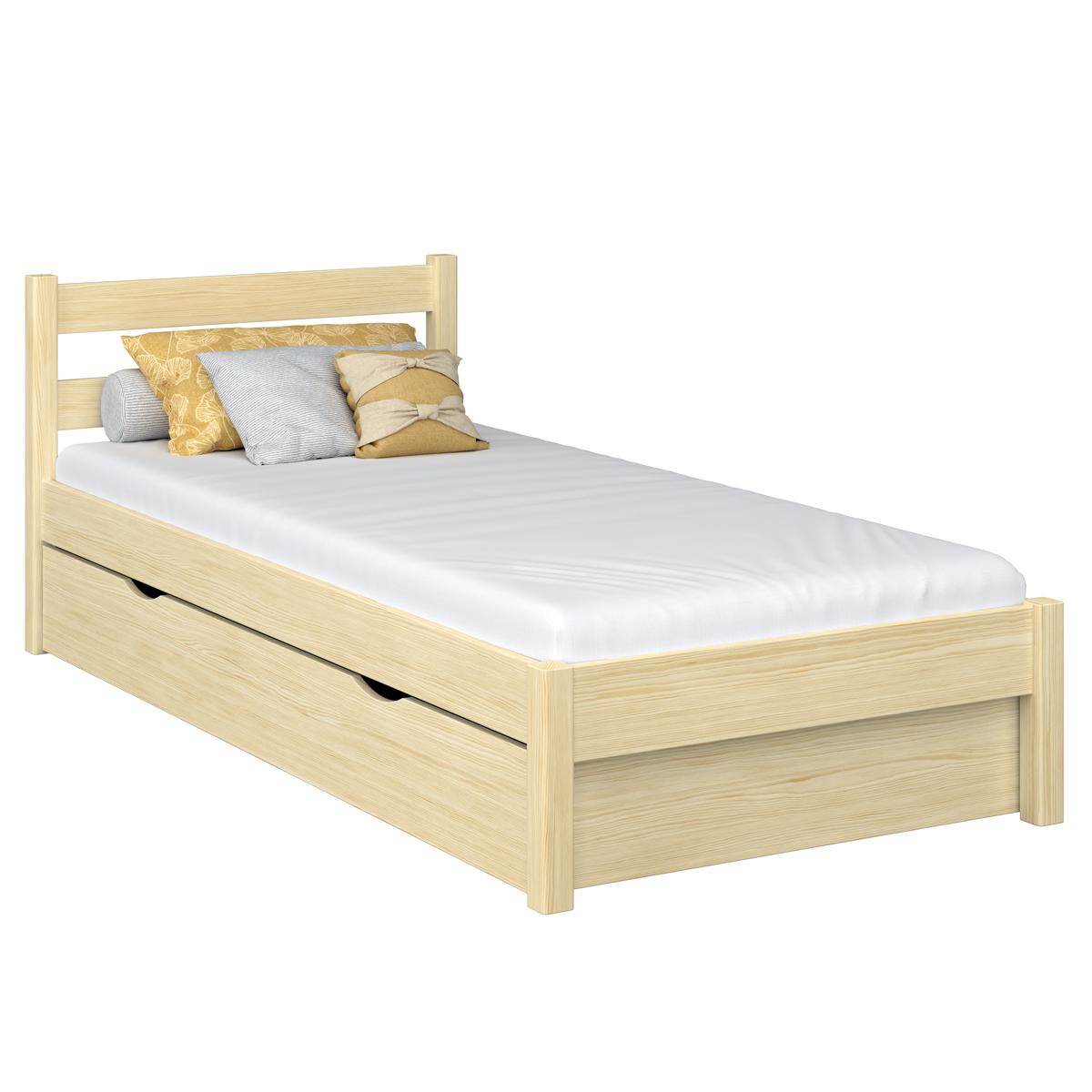 Letto con cassetto per materasso in legno pino trasparente – cassetto estratto, ospite