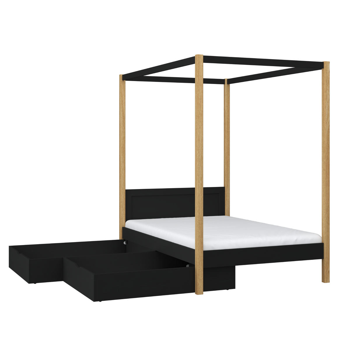 Bett schwarz-eiche mit Baldachin und Schublade – Seitenansicht, aus Holz