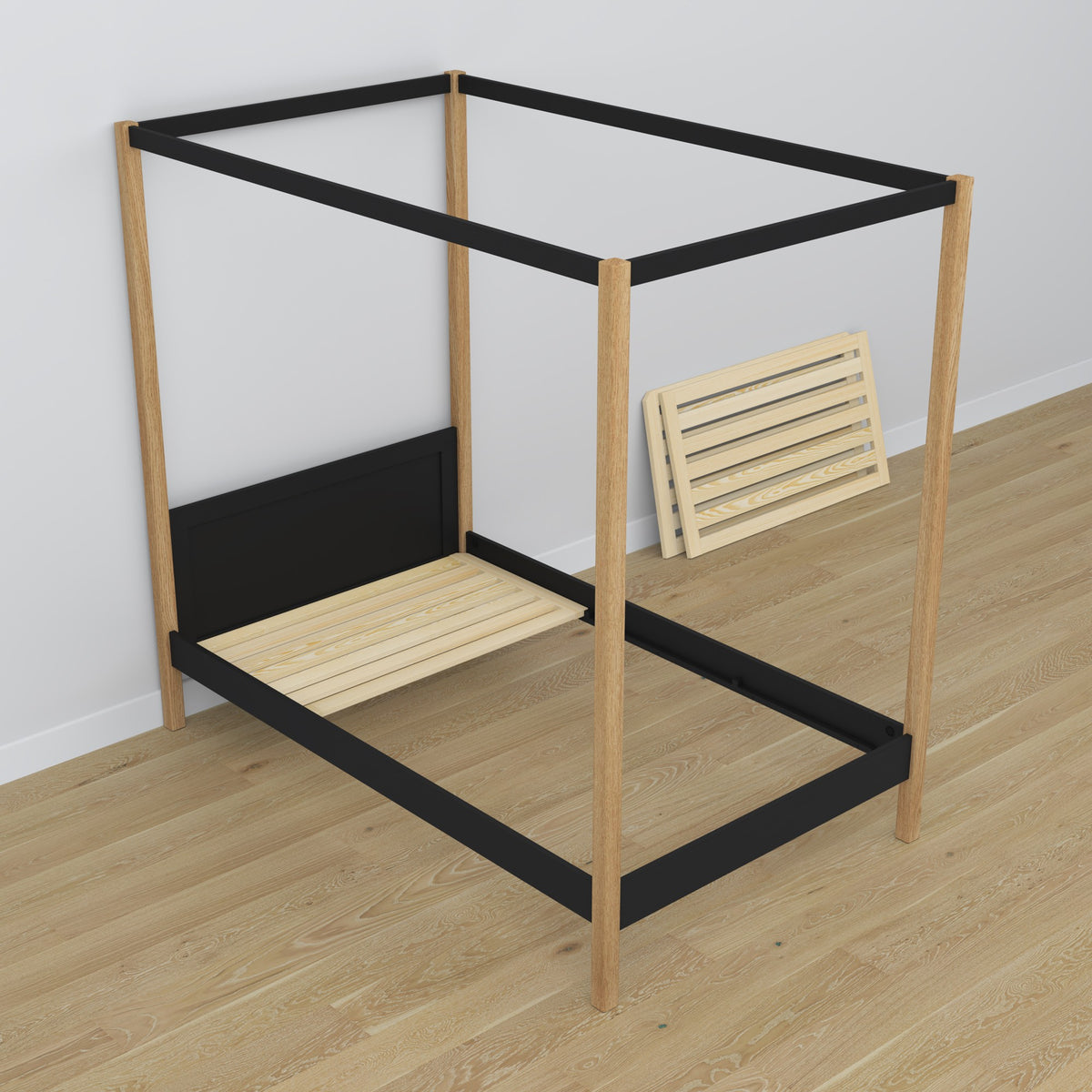 Lit à baldaquin en bois noir-chêne – décoration de chambre d'enfant scandinave