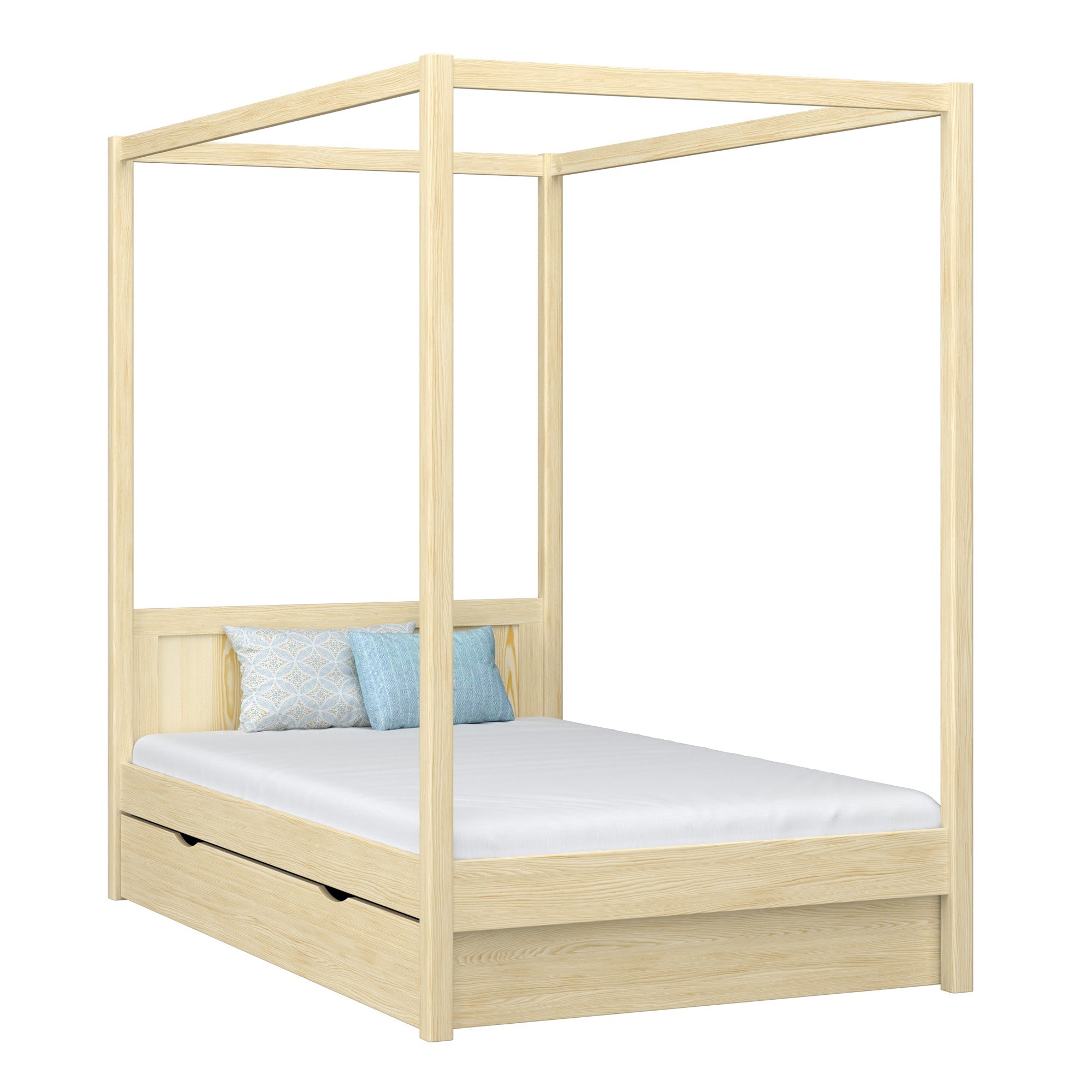 Lit à baldaquin avec tiroir en bois pin incolore – chambre d'enfant, style scandinave