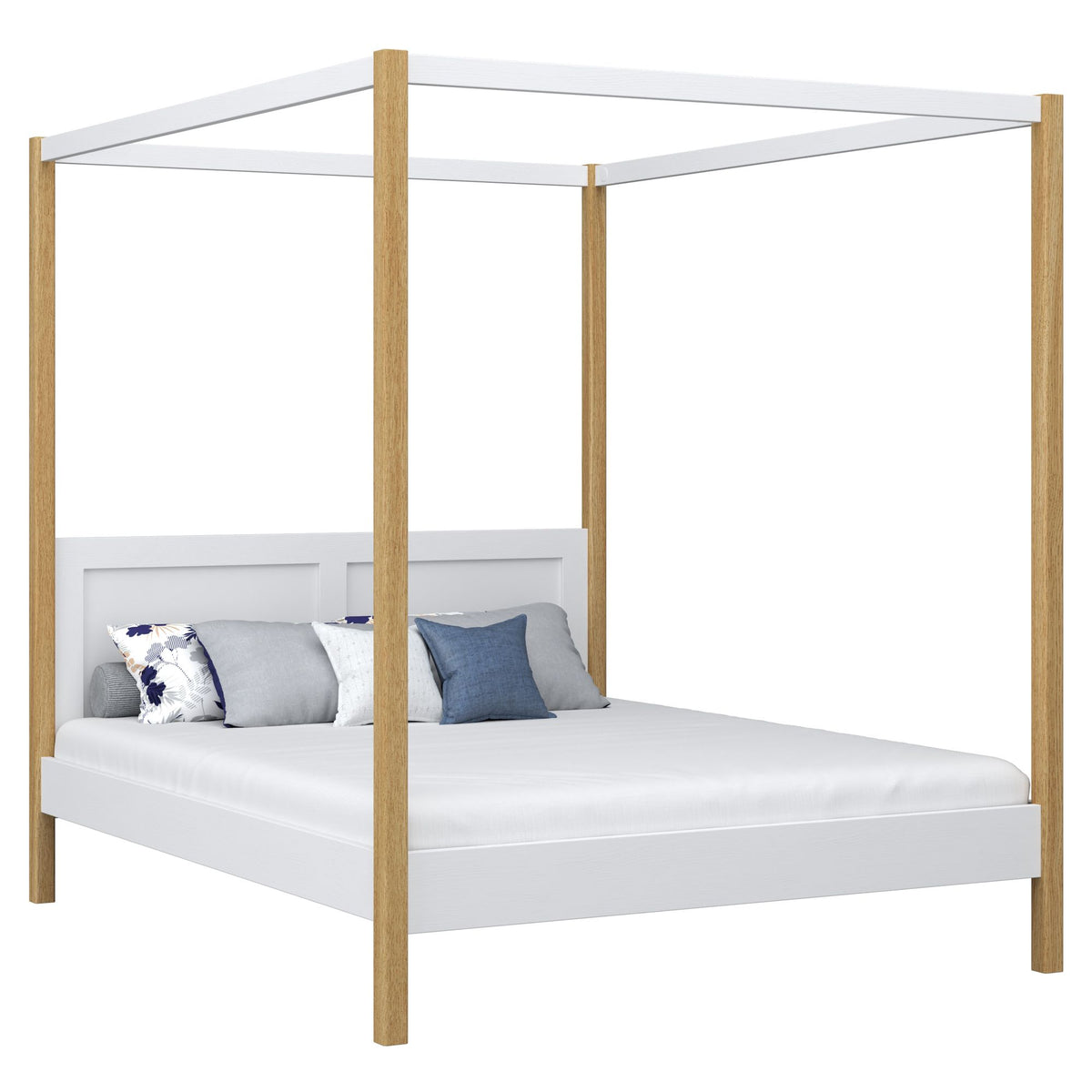Letto matrimoniale con baldacchino bianco-quercia – struttura e doghe, in legno, Nizio