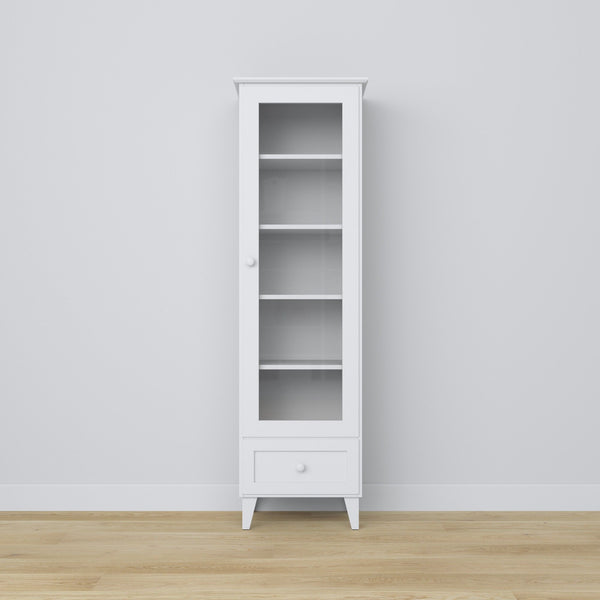 Vitrine 1S en bois blanc – tiroir ouvert, rangement pour petits objets