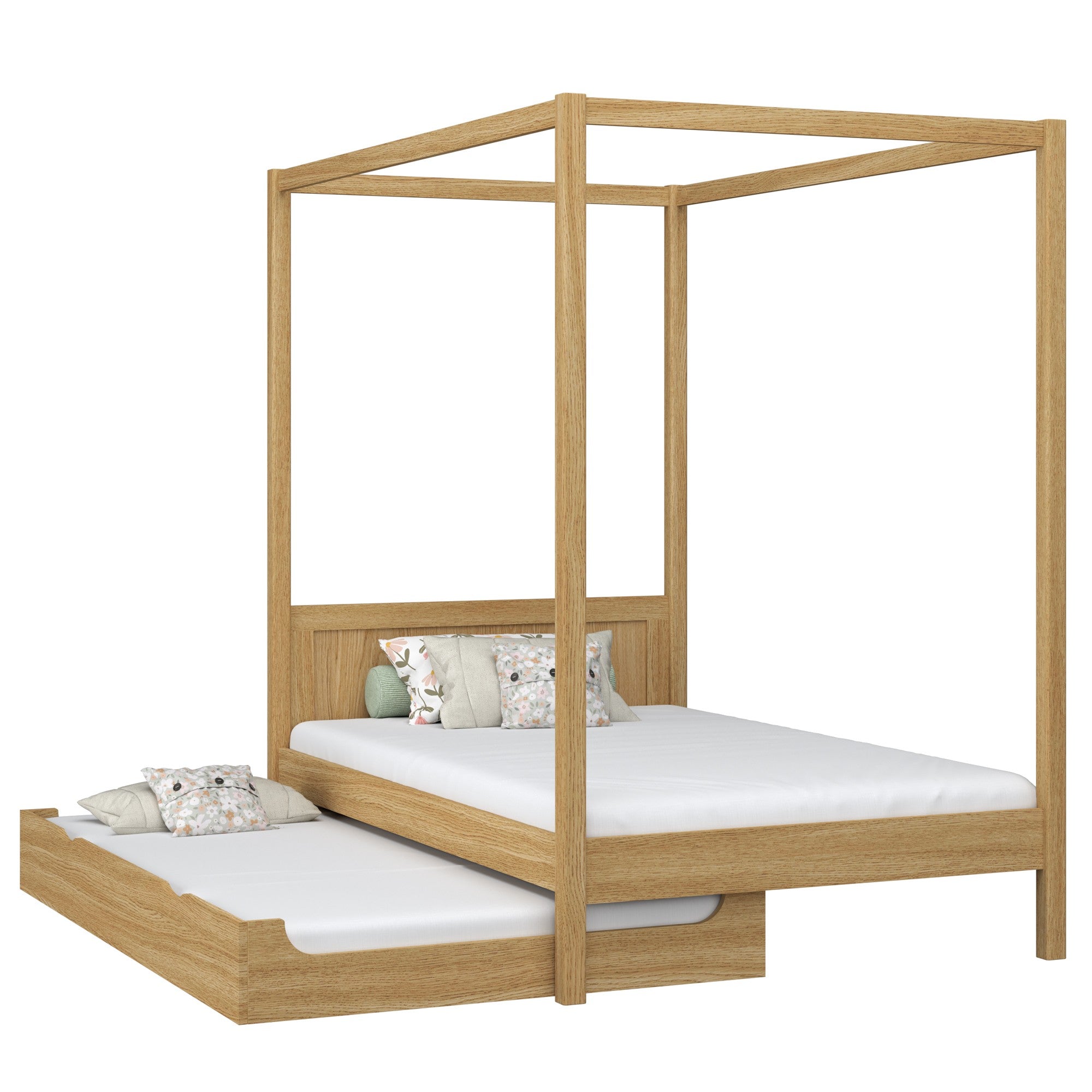 Letto con baldacchino e cassetto per materasso in rovere naturale – stanza per bambini scandi