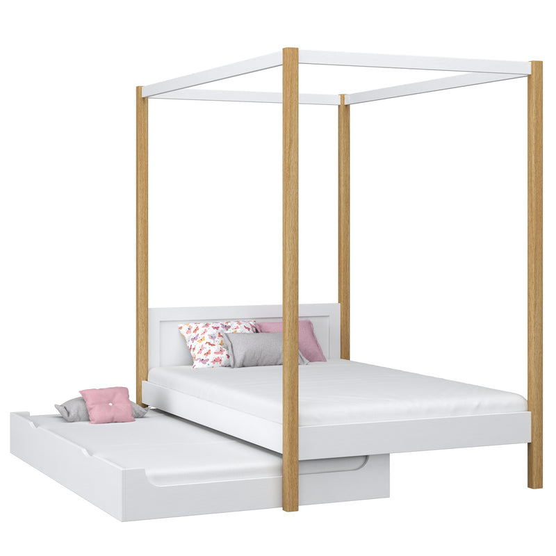 Lit à baldaquin avec tiroir pour matelas en bois blanc-chêne – chambre d'enfant scandinave