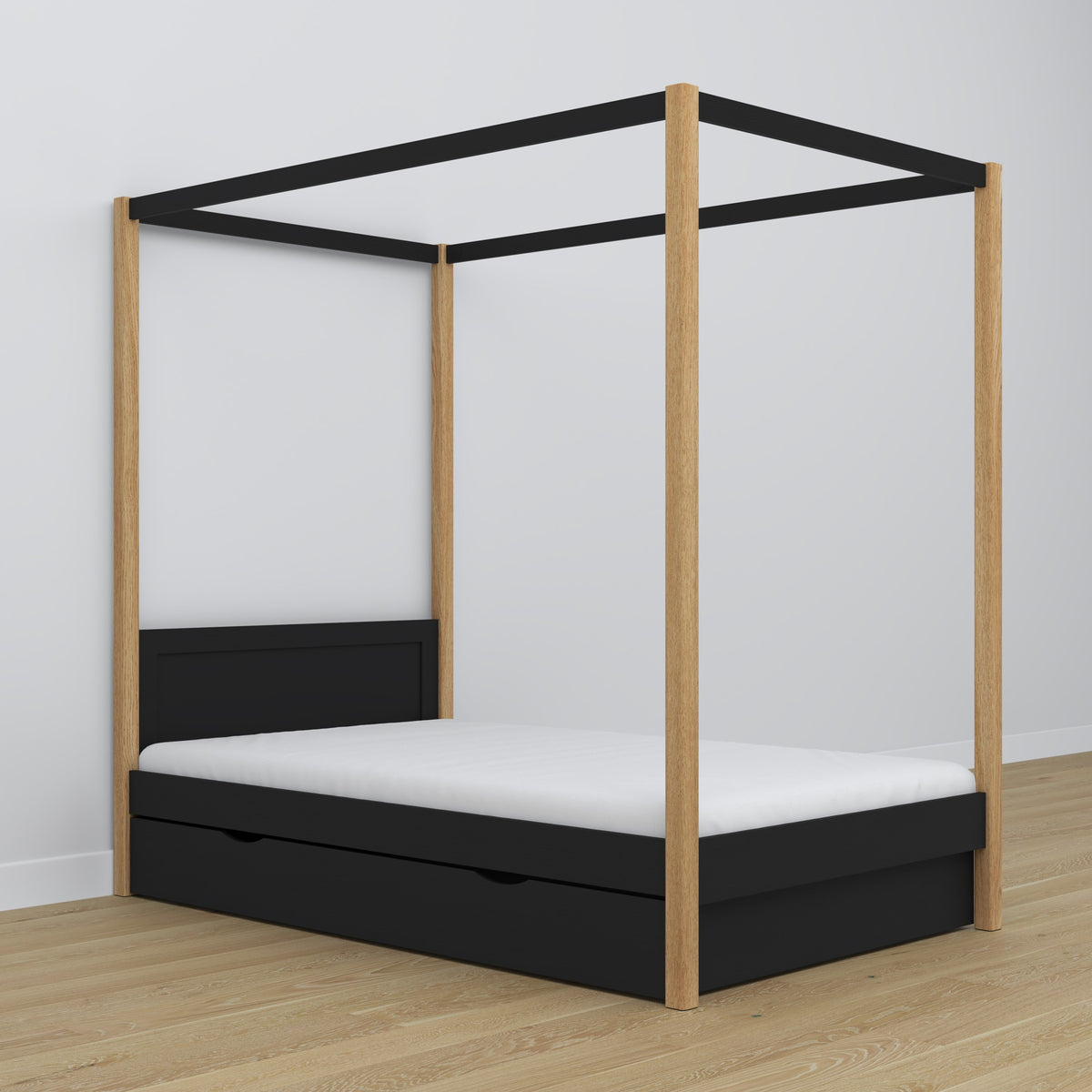 Himmelbett aus Holz, Schwarz-Eiche im Kinderzimmer – Scandi-Einrichtung