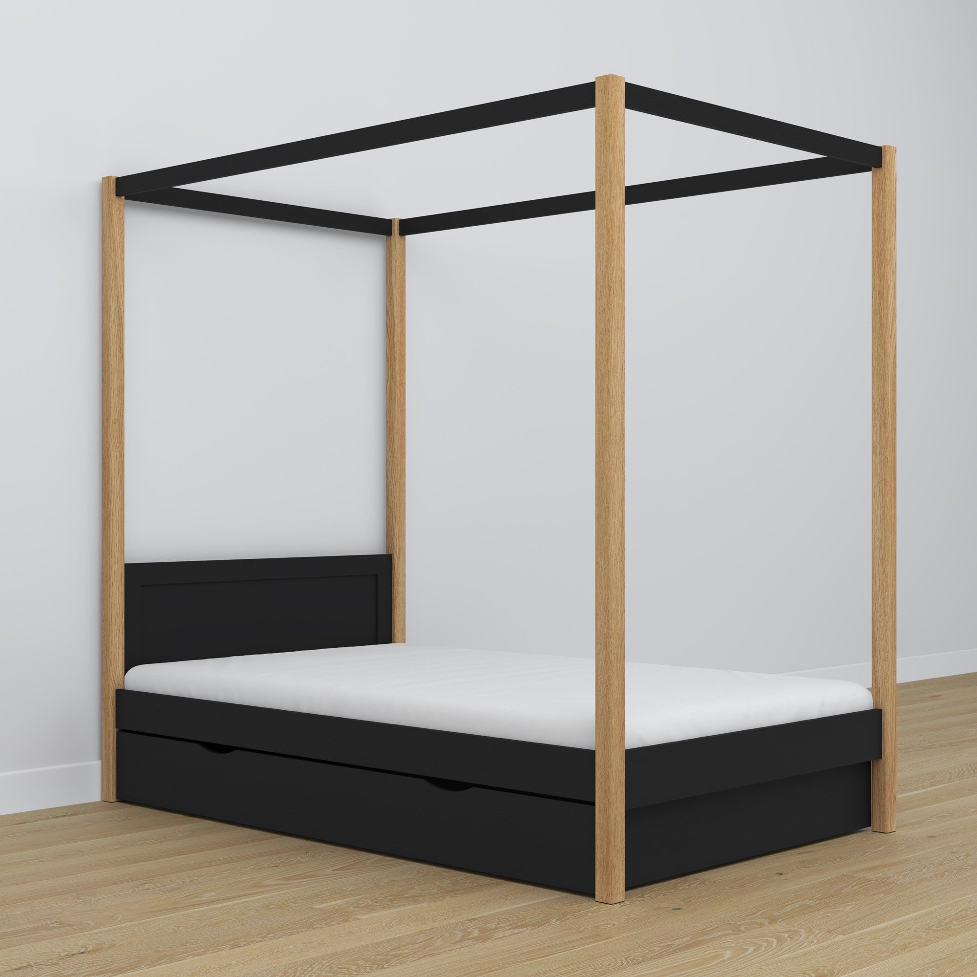 Himmelbett aus Holz, Schwarz-Eiche im Kinderzimmer – Scandi-Einrichtung