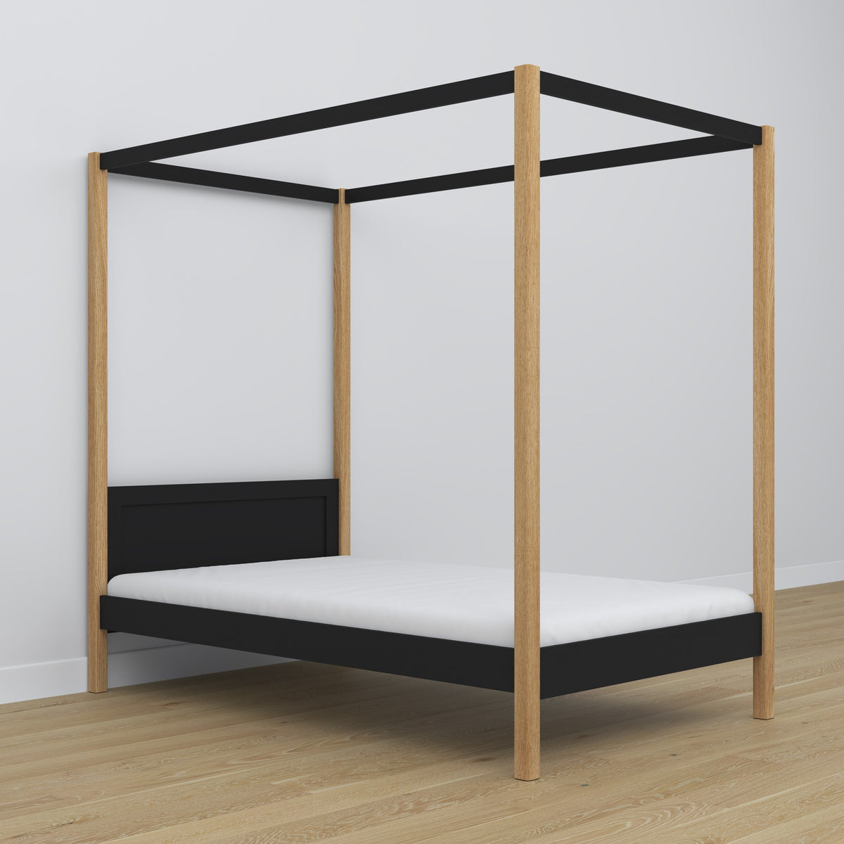 Lit noir-chêne avec baldaquin – cadre décoratif en bois, sécurisé pour les enfants