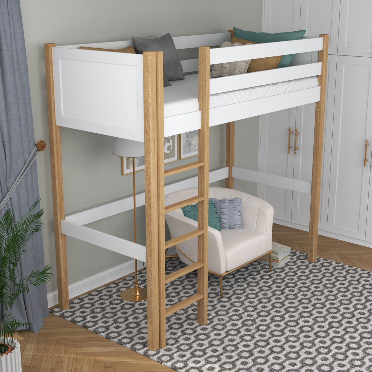 Hochbett weiß-Eiche im Kinderzimmer – Scandi-Einrichtung, Holz