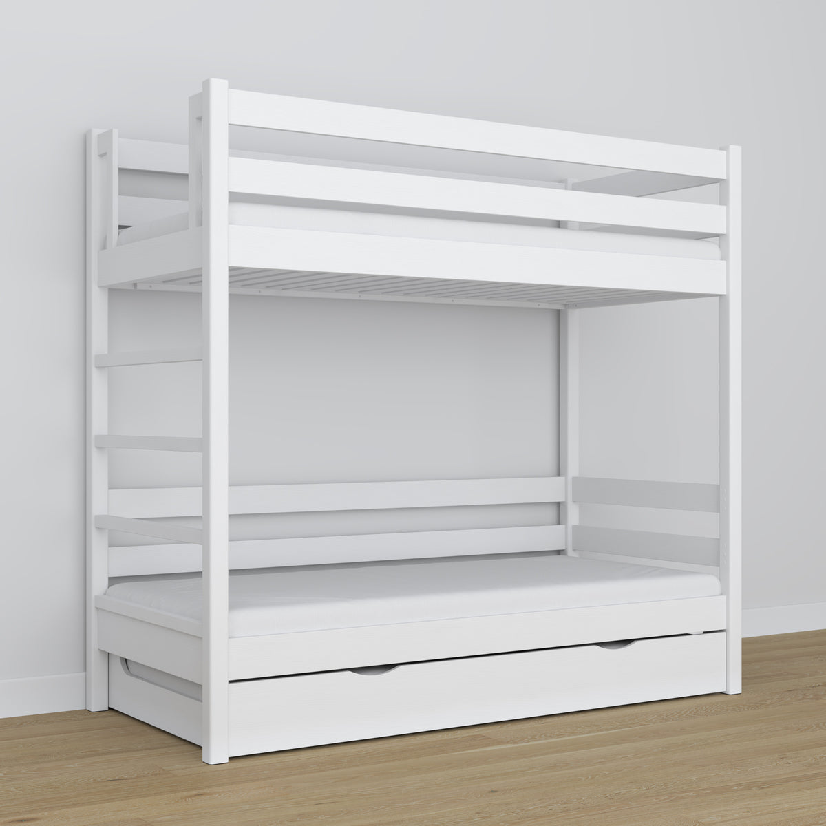 Lit superposé blanc – sommier en bois à lattes, tiroir na matelas