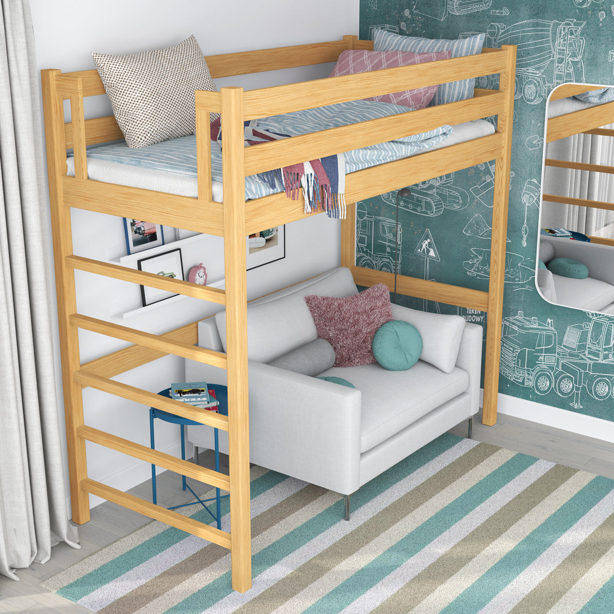 Lit mezzanine pin naturel dans la chambre d'enfant – décoration scandinave, en bois