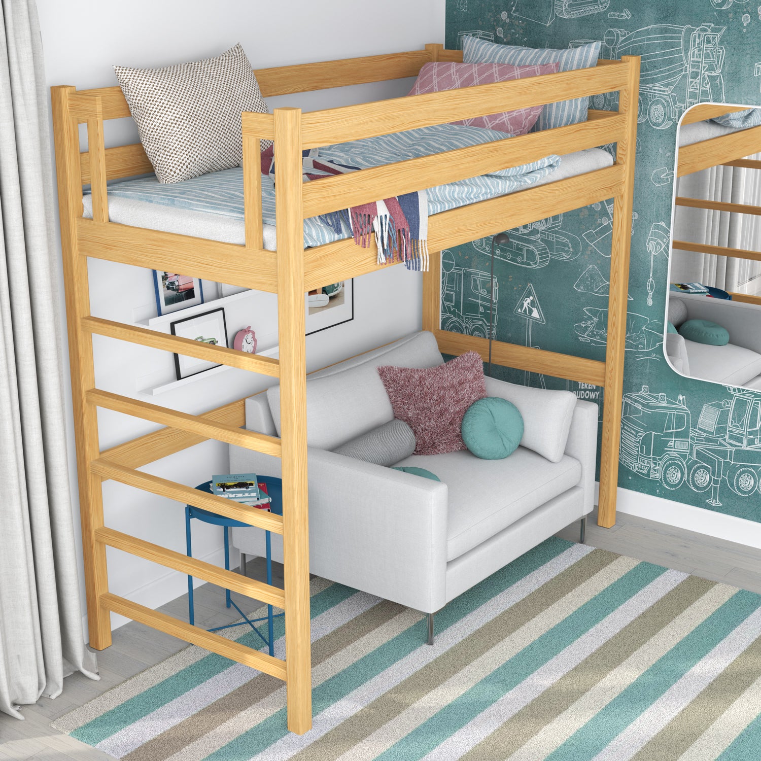 Lit mezzanine pin naturel dans la chambre d'enfant – décoration scandinave, en bois