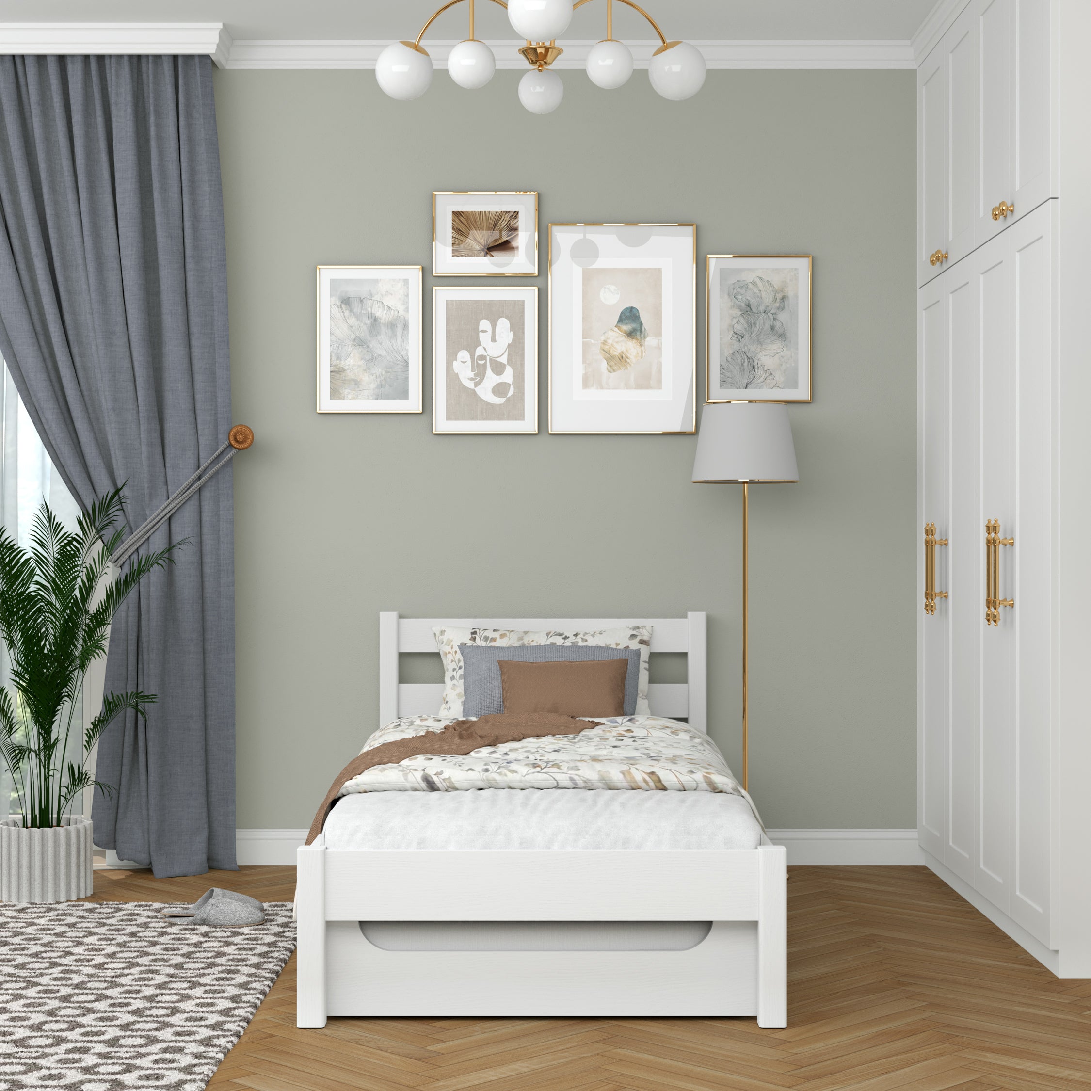 Letto bianco con cassetto per materasso – vista laterale, in legno, Nizio Home