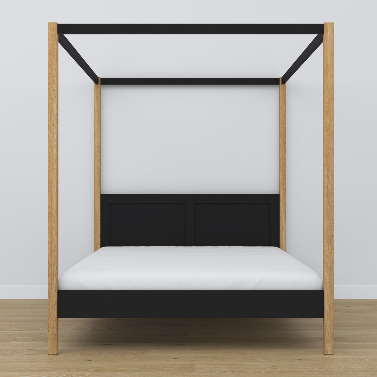 Letto matrimoniale con baldacchino in legno nero-quercia – testiera e cornice, dettaglio
