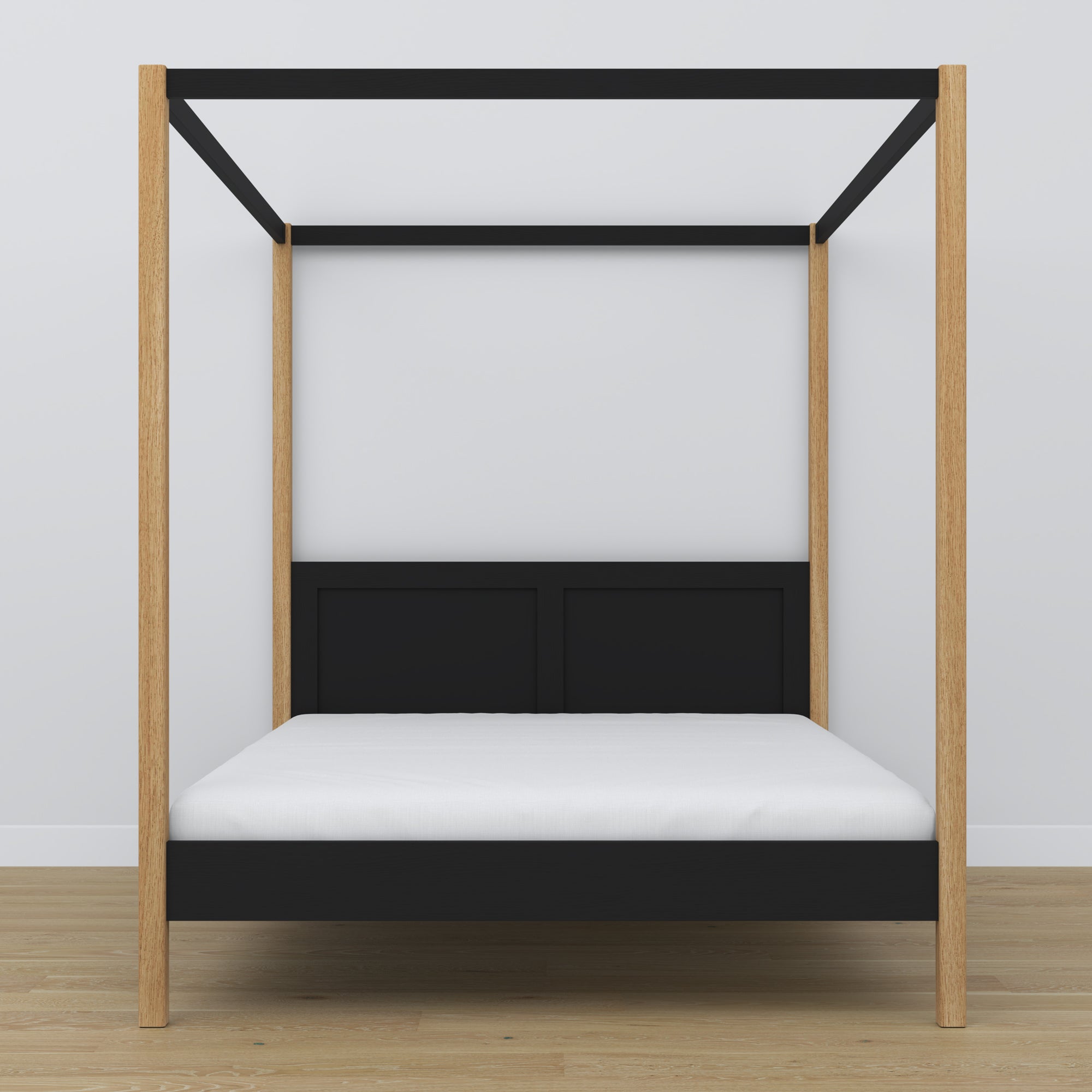 Letto matrimoniale con baldacchino in legno nero-quercia – testiera e cornice, dettaglio