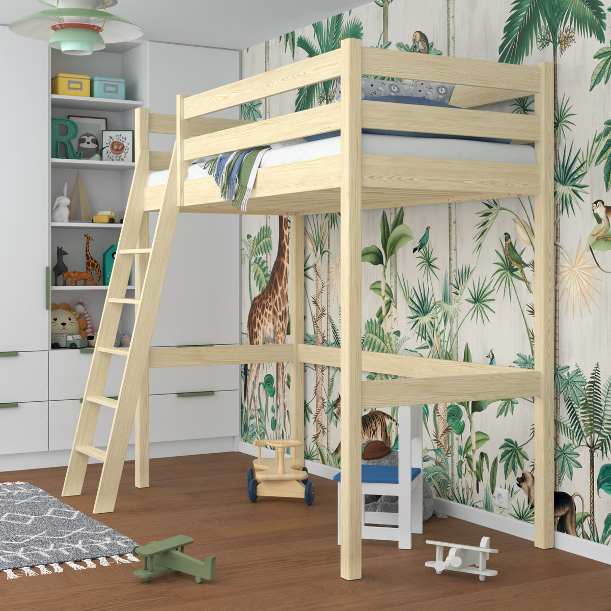 Loft bed clear pine in children’s room – scandi arrangement, wooden