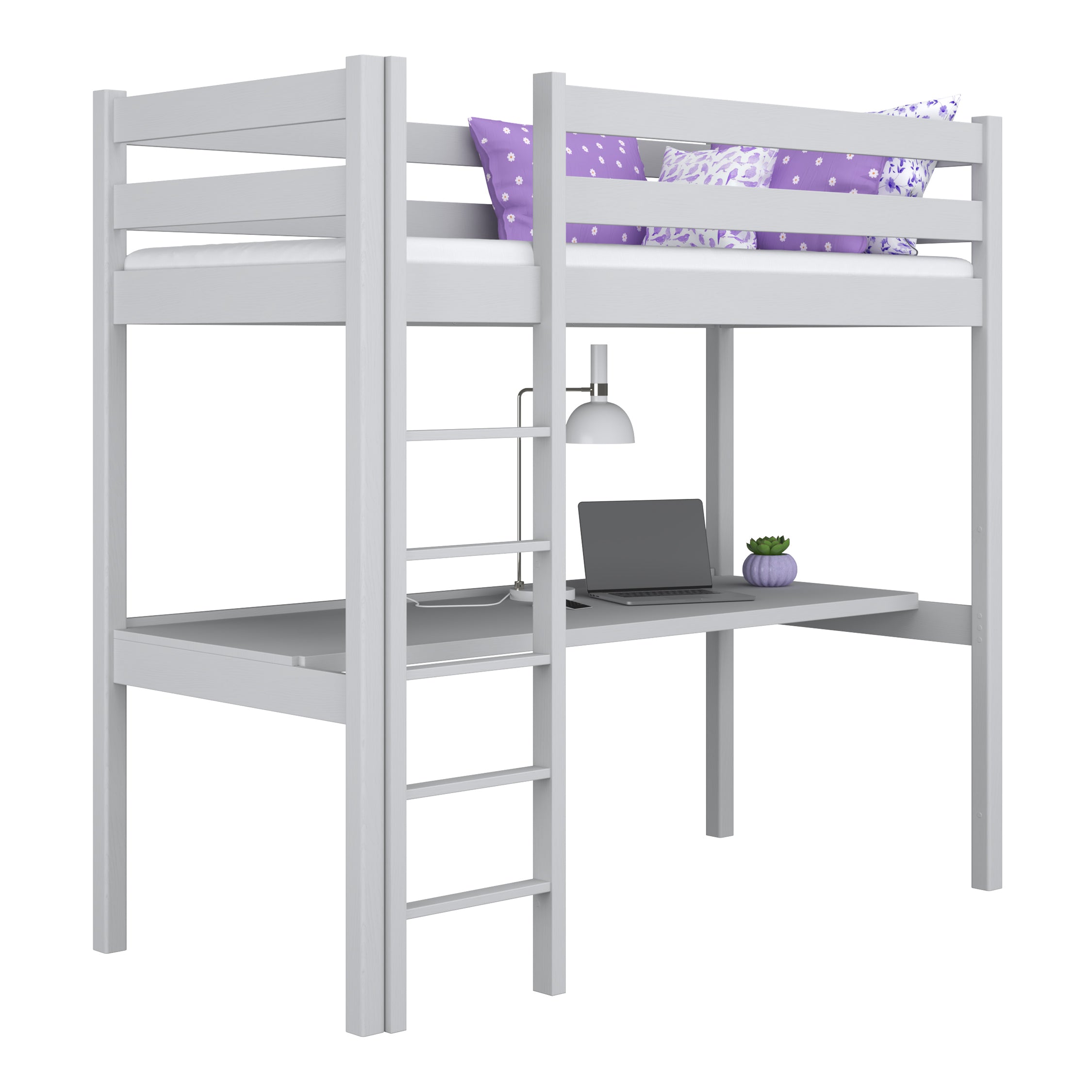 Letto a soppalco con scrivania in legno grigio – stanza per bambini, scandi Nizio