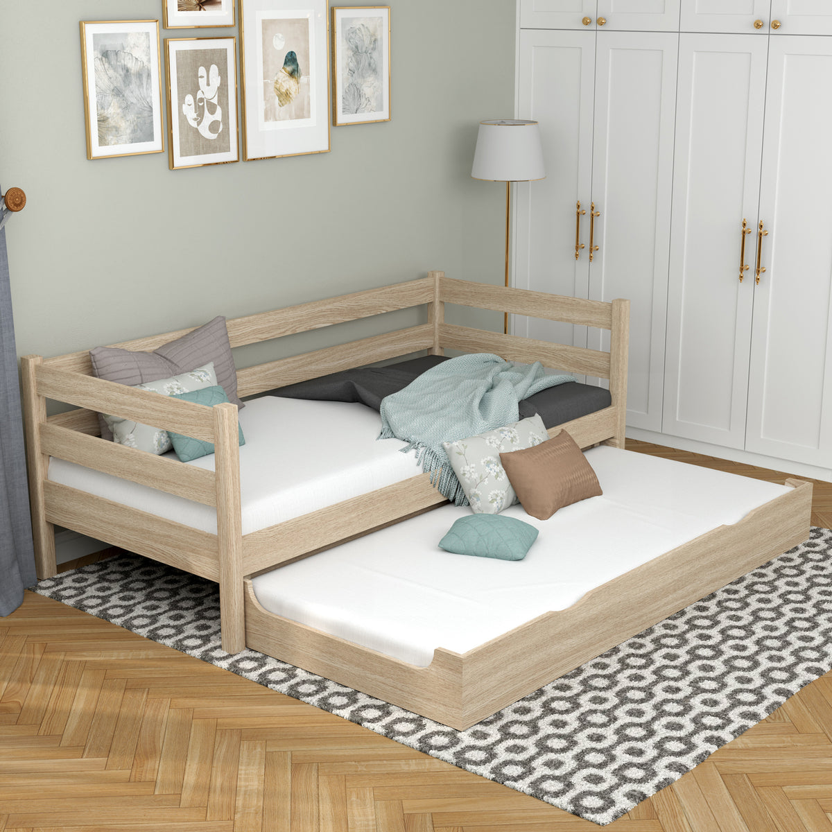 Łóżko sofa z szufladą na materac N01 dąb bielony – widok z boku, solidna konstrukcja drewniana