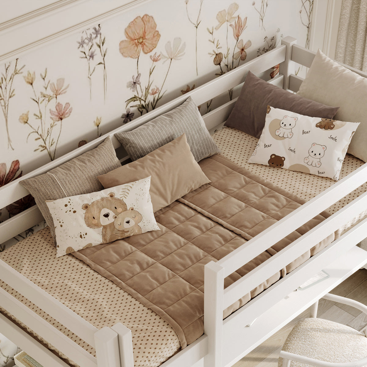Letto a soppalco con scrivania in legno bianco – scala e sponda di protezione