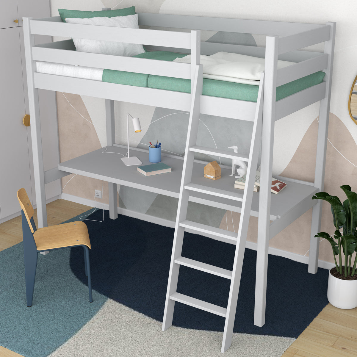Letto a soppalco grigio – scrivania in legno sotto camera da letto, stanza per bambini scandi