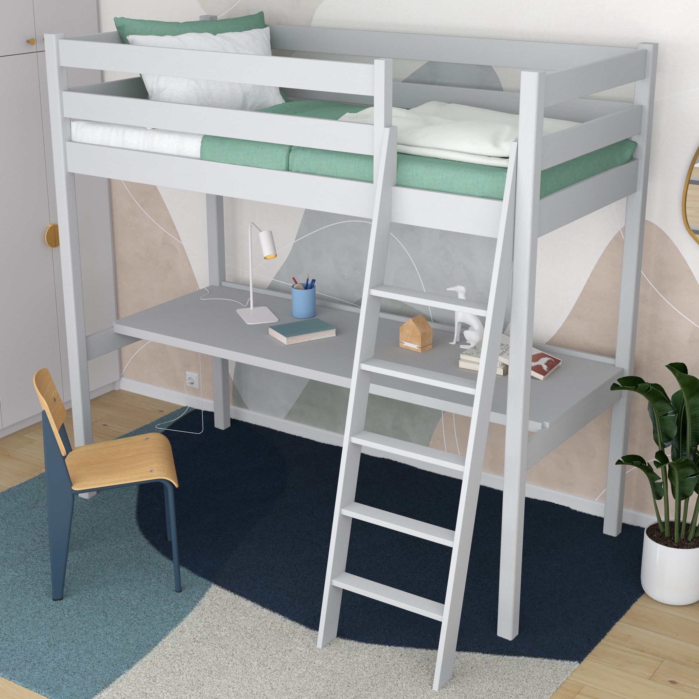 Letto a soppalco grigio – scrivania in legno sotto camera da letto, stanza per bambini scandi