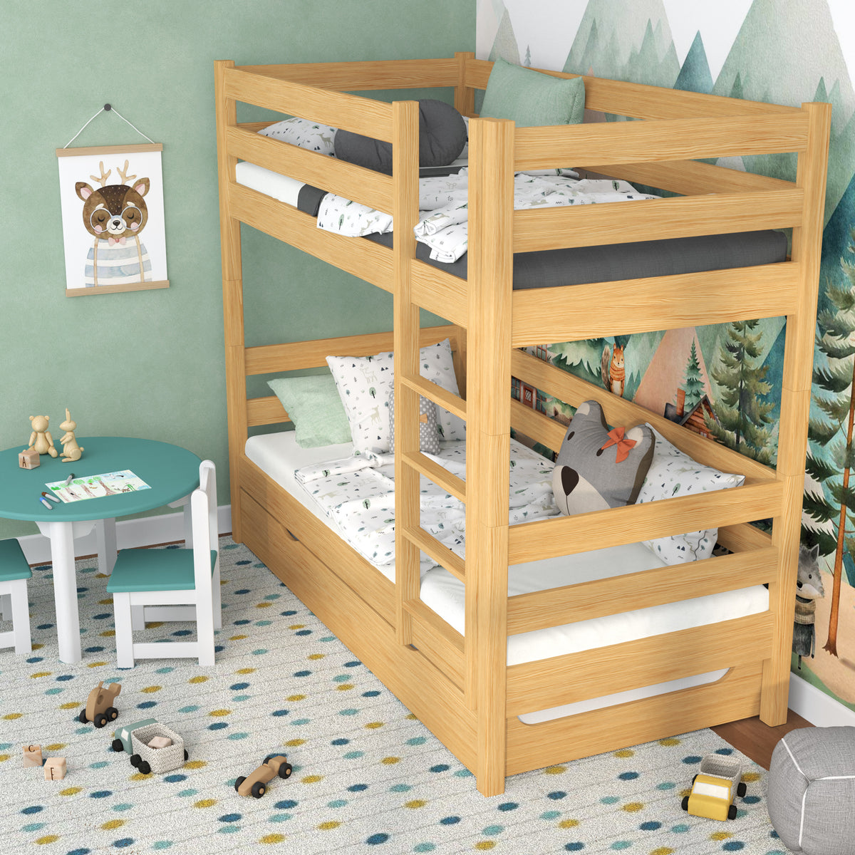 Lit superposé pin naturel pour enfants – tiroir na matelas, en bois, Nizio