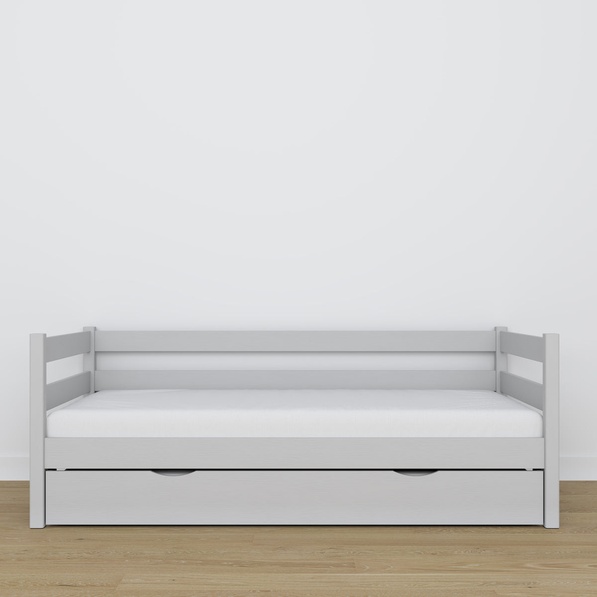 Sofa-lit avec tiroir pour matelas gris en bois – dimensions, Nizio