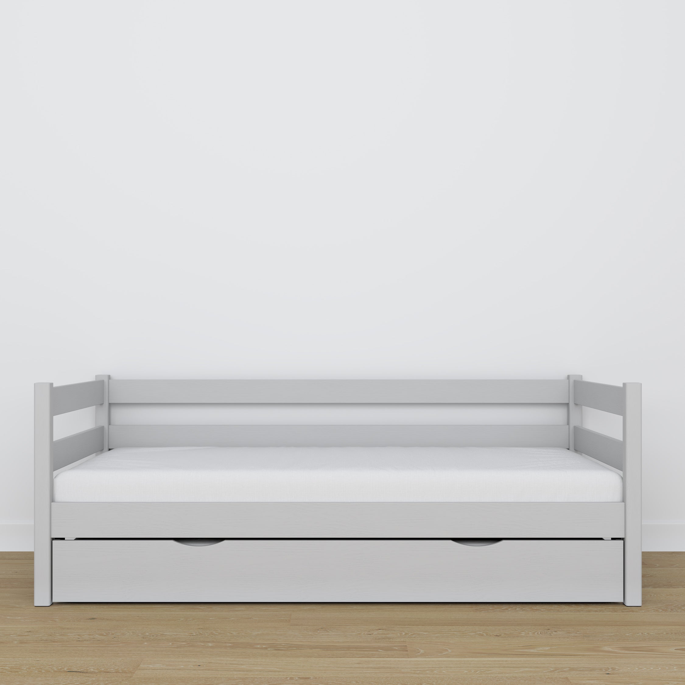 Sofa-lit avec tiroir pour matelas gris en bois – dimensions, Nizio