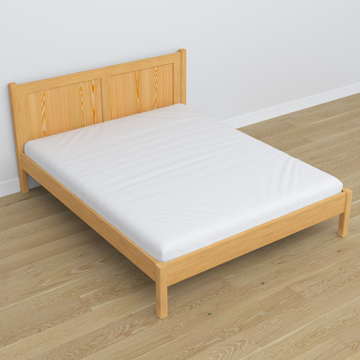 Double bed natural pine in bedroom – bedding arrangement with bedding, scandi style