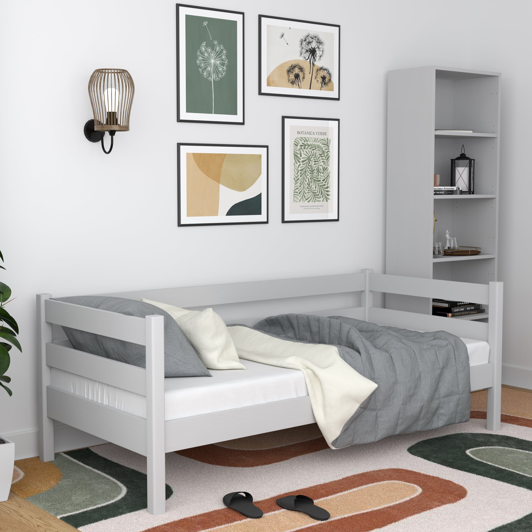 Sofa-lit gris dans la chambre d'enfant – décoration scandinave, en bois