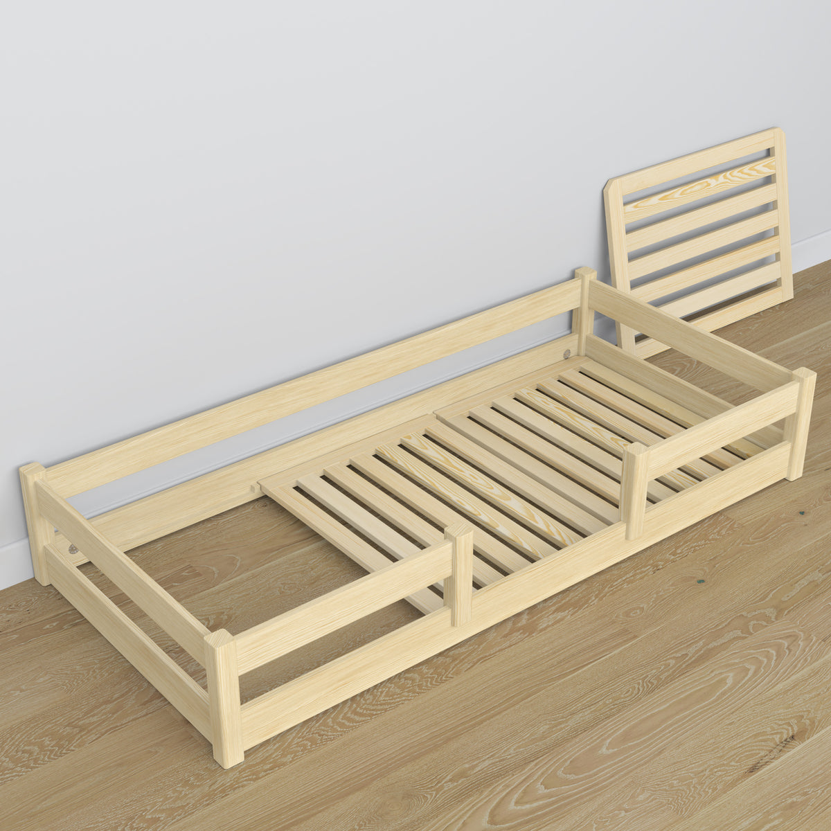 Niedriges Bett Kiefer farblos aus Holz – Maße und Schema, Nizio