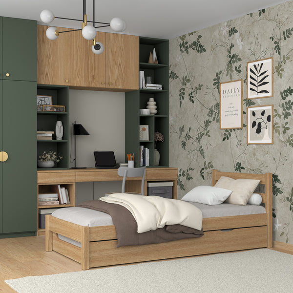 Łóżko pojedyncze z szufladą na materac N01 dąb naturalny – widok z boku, solidna konstrukcja drewniana