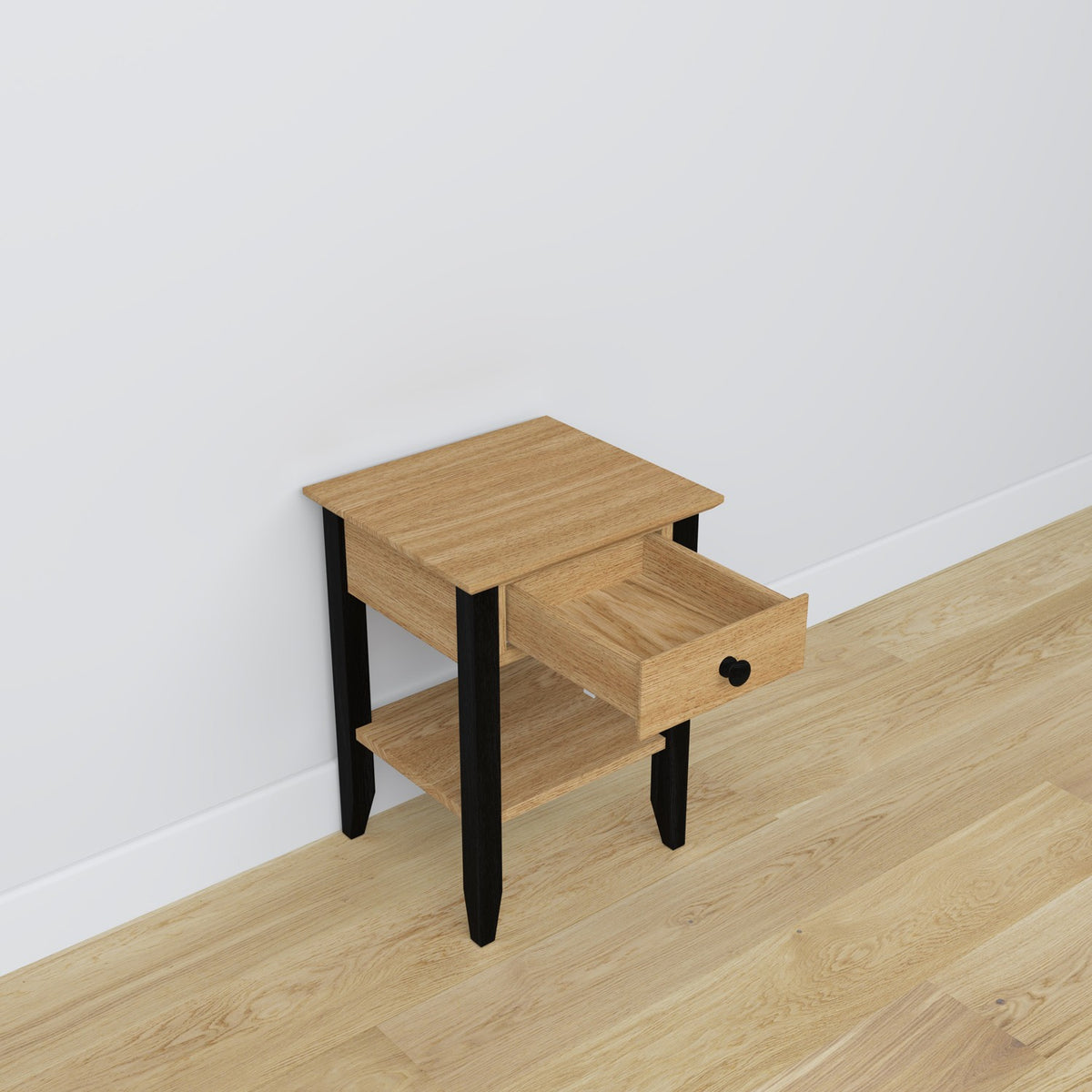 Comodino N01 in rovere naturale con nero – cassetto aperto, vano vicino al letto