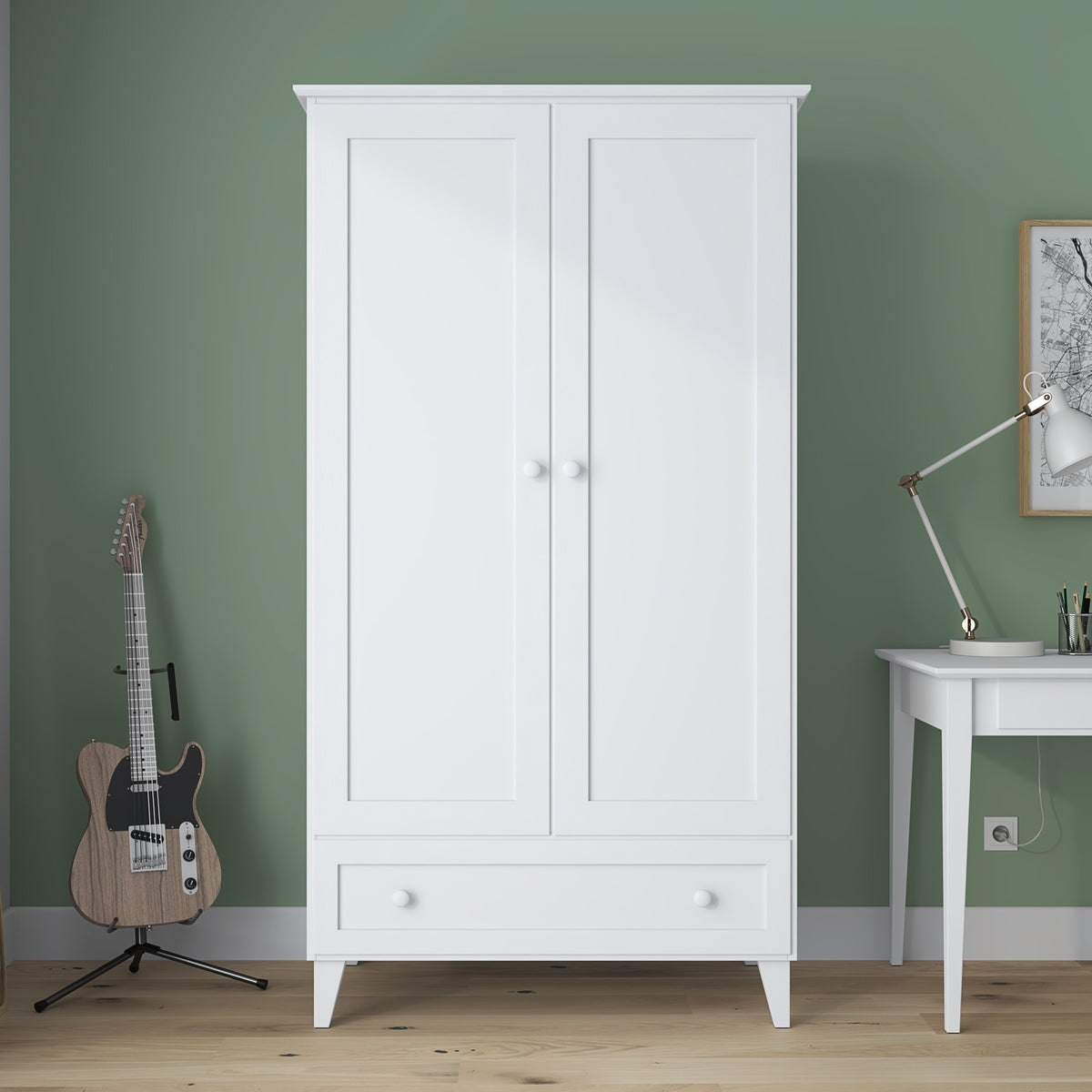 Armadio 2D1S bianco – in legno, porte chiuso, vista frontealny, Nizio