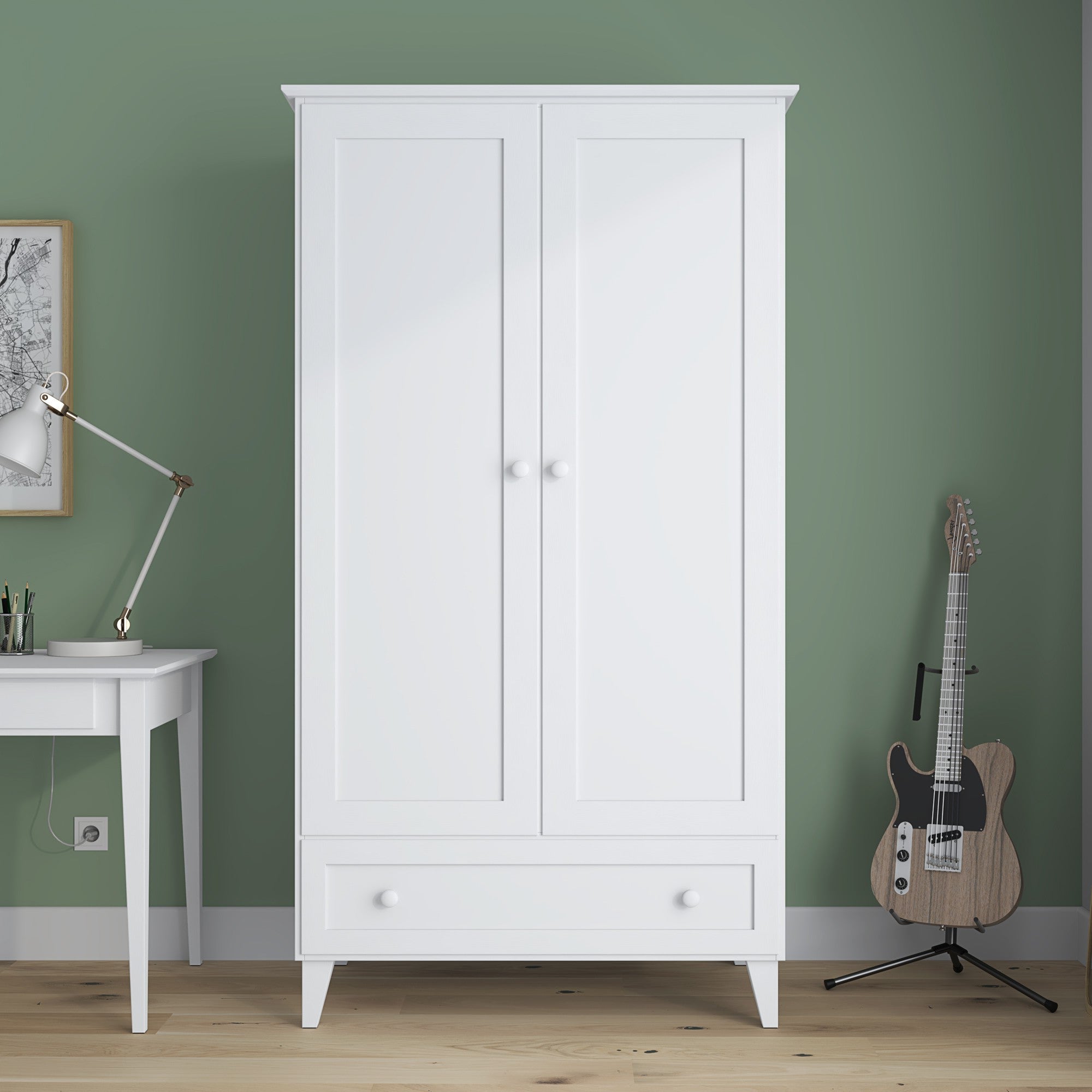 Armadio 2D1S bianco – in legno, porte chiuso, vista frontealny, Nizio