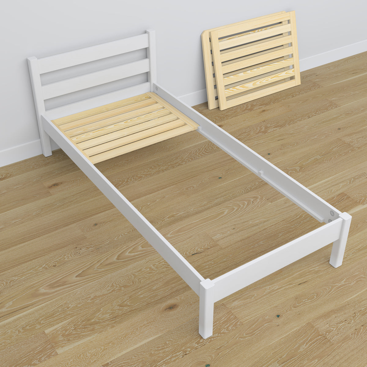 Einzelbett aus Holz weiß – Schrägansicht, Scandi-Kinderzimmer