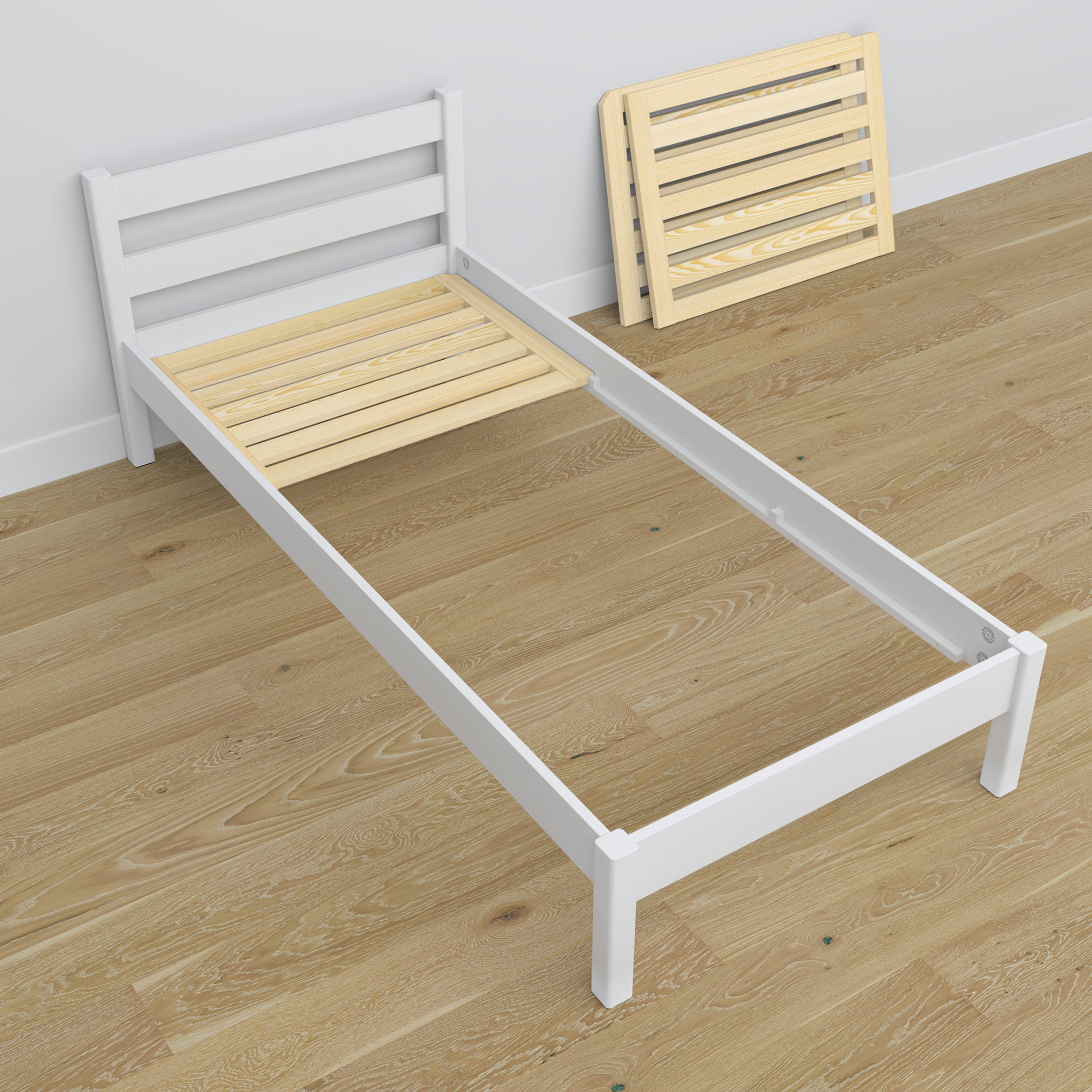 Einzelbett aus Holz weiß – Schrägansicht, Scandi-Kinderzimmer
