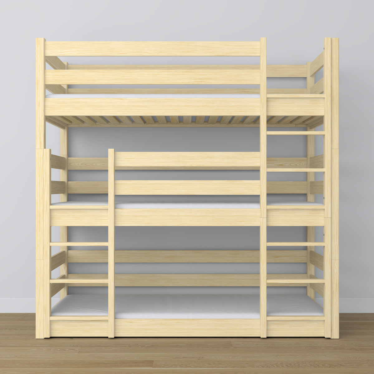 Letto 3-a castello pino trasparente – scala e sponde sicurezza, in legno