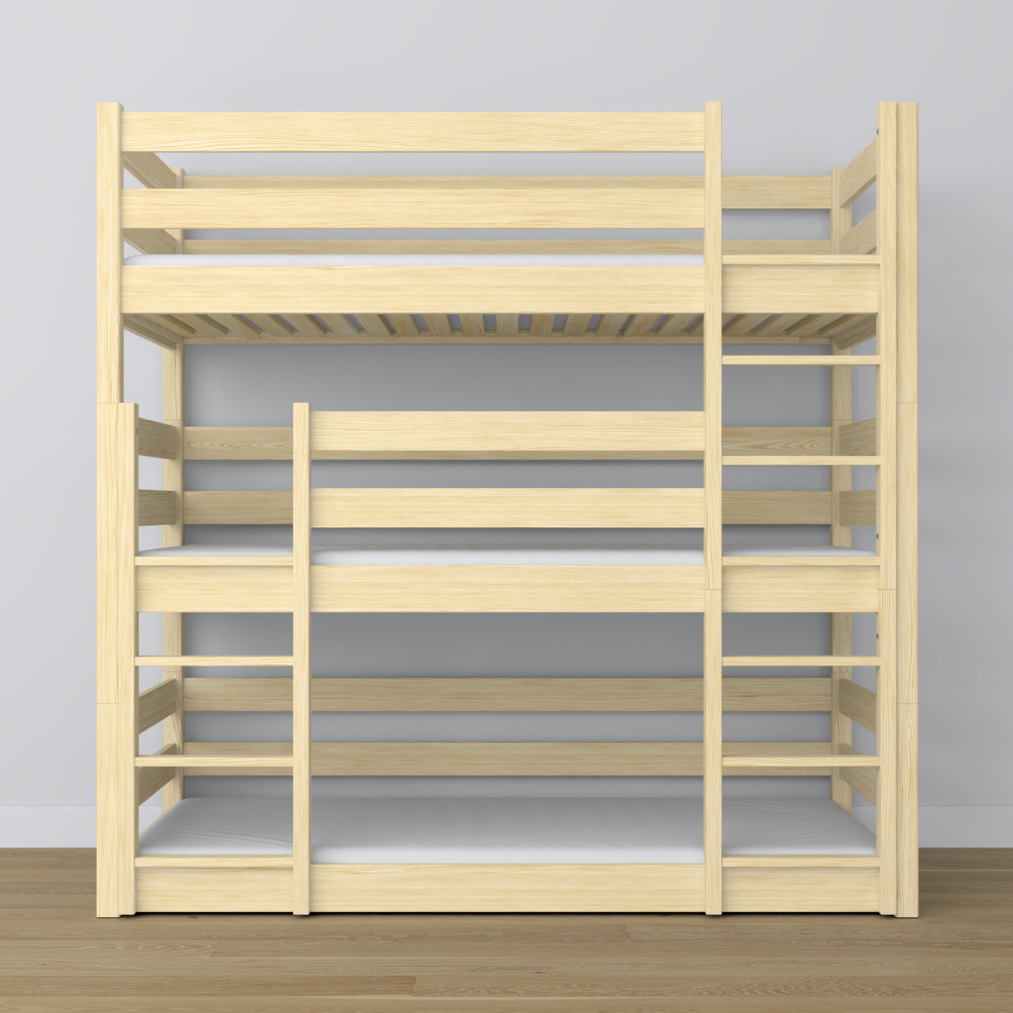 Letto 3-a castello pino trasparente – scala e sponde sicurezza, in legno