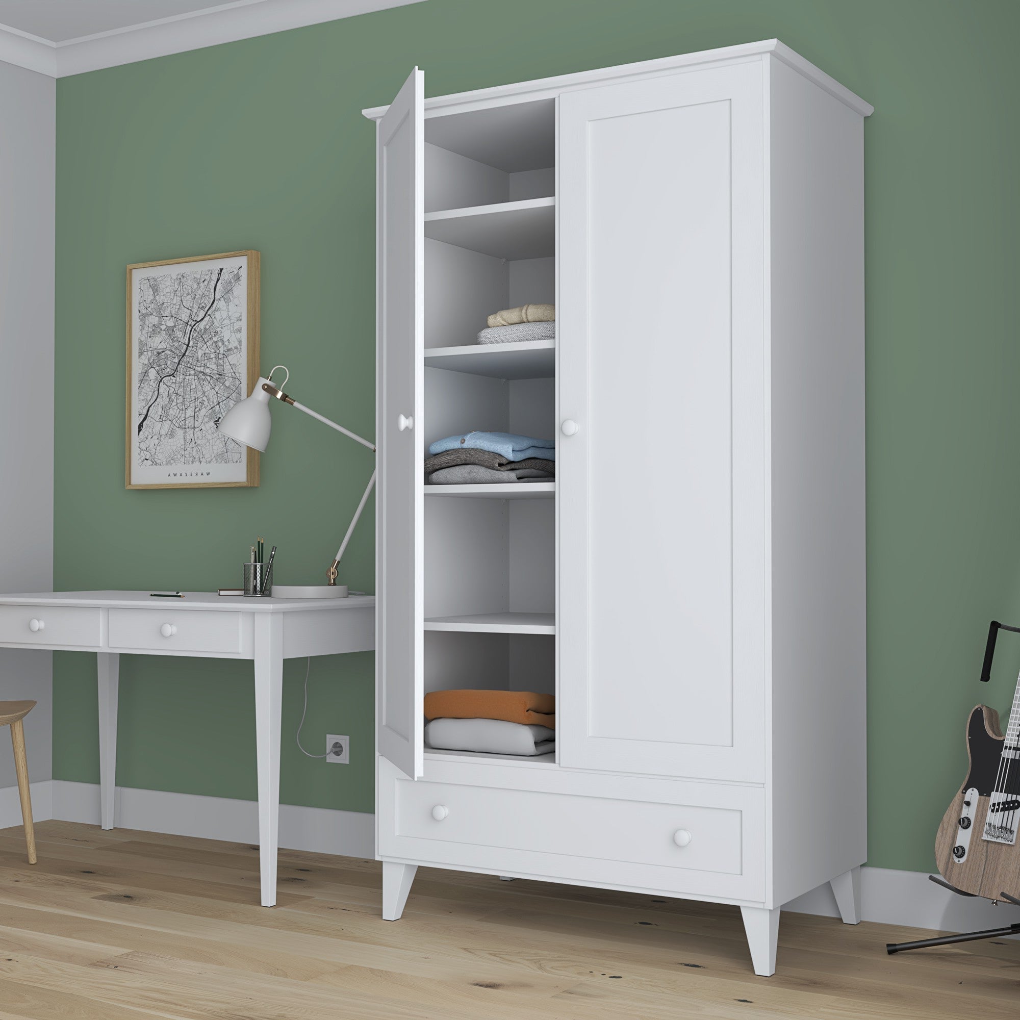Armadio 2D1S in legno bianco – porte aperte, asta e ripiani interne