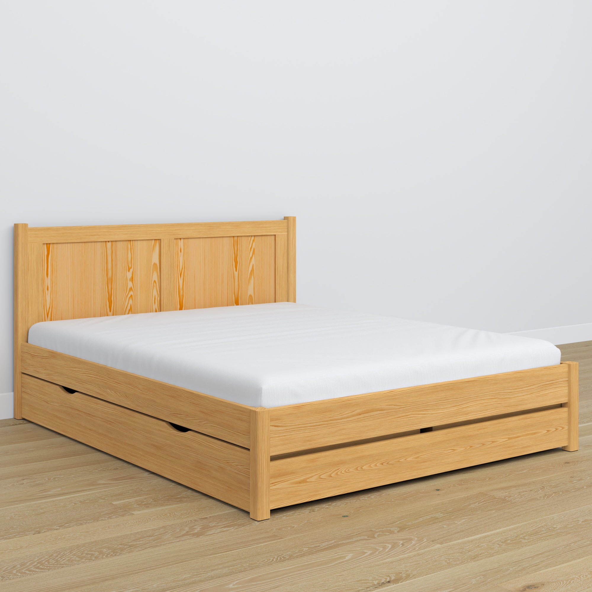 Double bed natural pine with drawer – wooden headboard, close-up